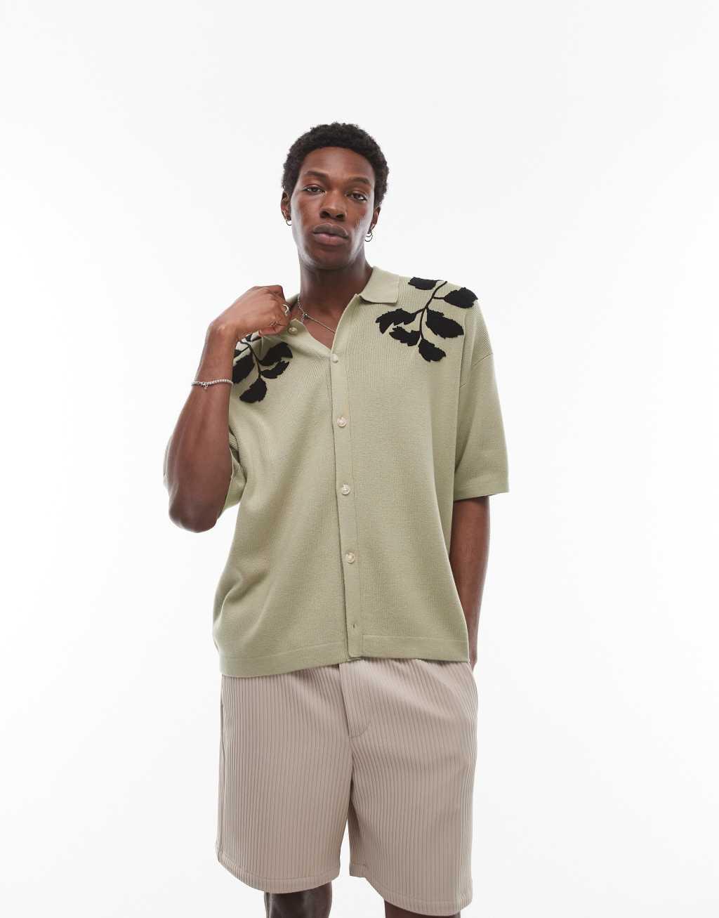 Topman embroidered floral knit shirt in sage and black Product Image