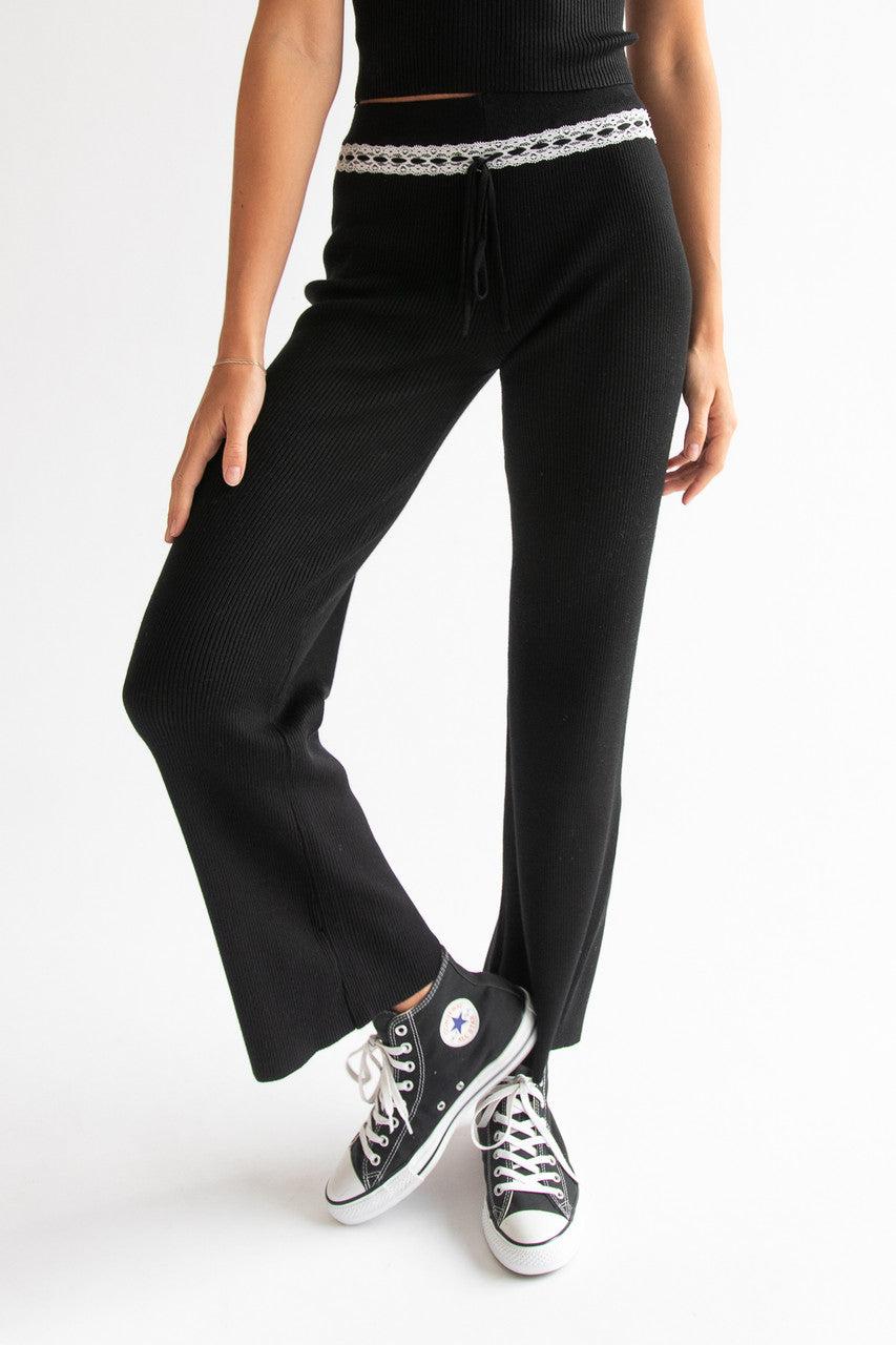 Lace Trim Ribbed Wide Leg Pants Product Image