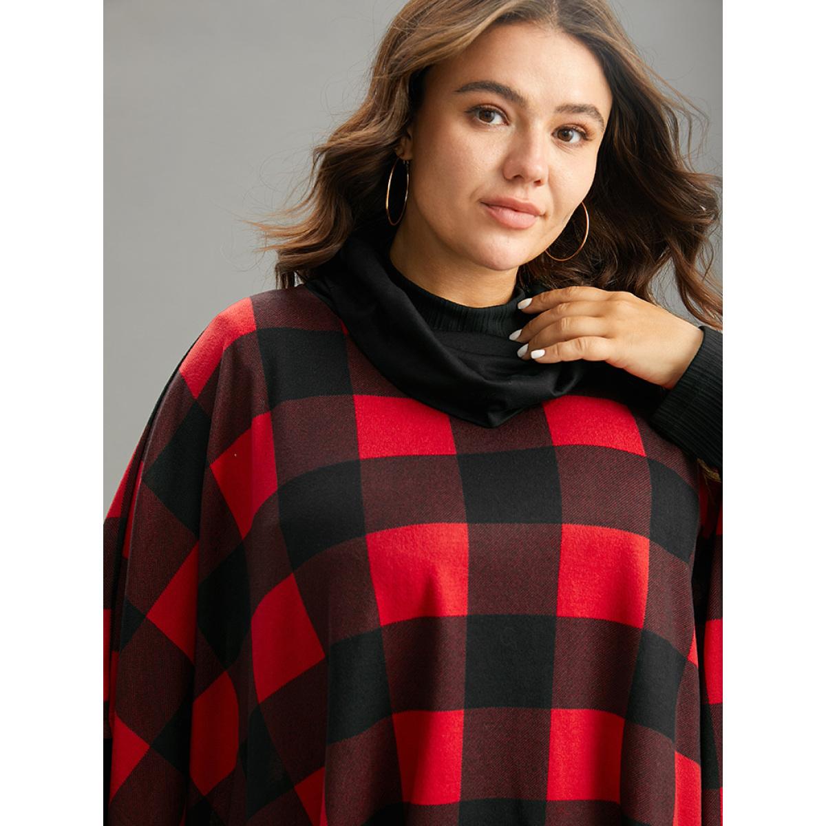 Plus Size Plaid Cowl Neck Dolman Sleeve Asymmetrical Hem Sweatshirt Women Red Casual Contrast Cowl Neck Festival-Christmas Sweatshirts BloomChic 12/L Product Image