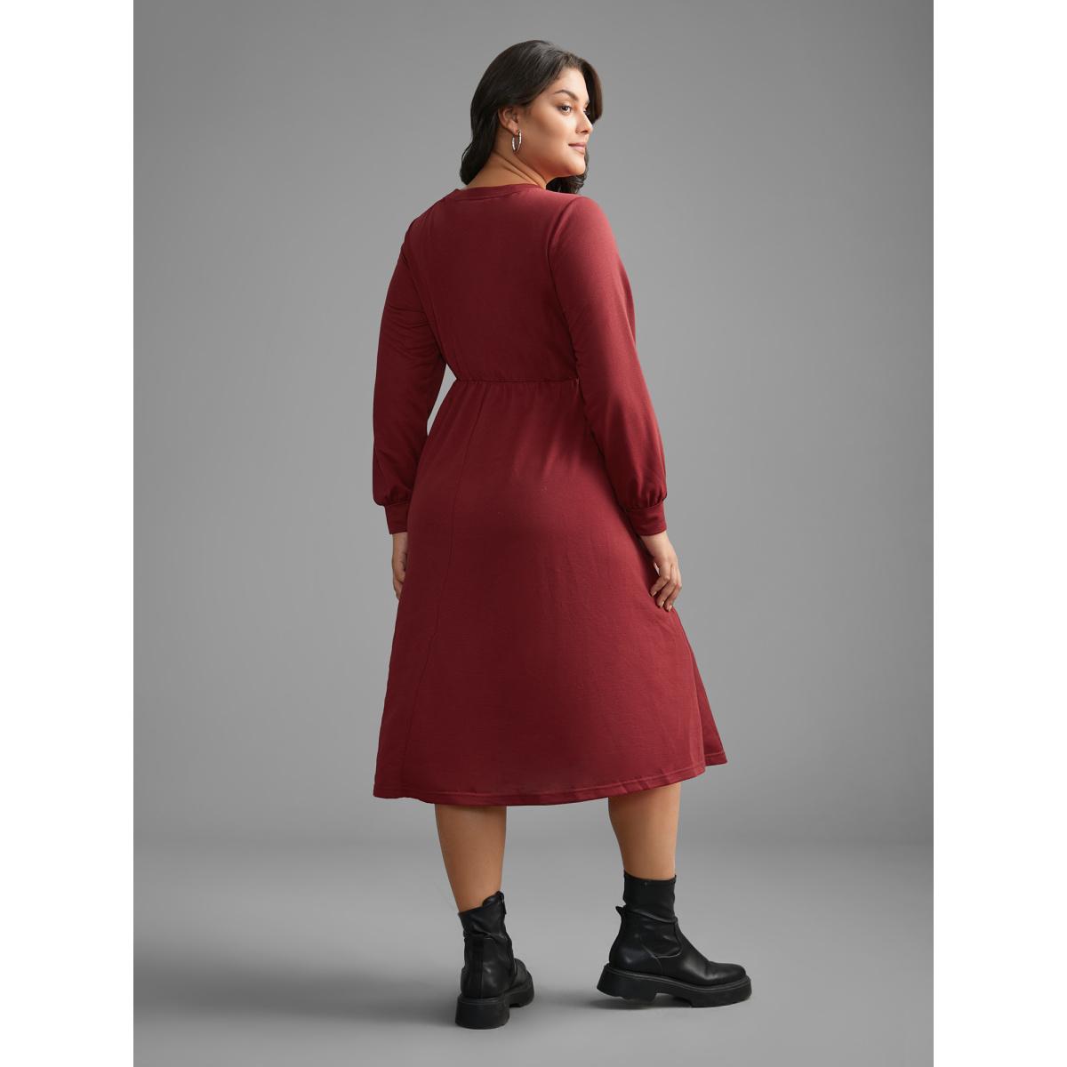 Plus Size Solid Round Neck Midi Knit Dress Burgundy Women Casual Non Knit Dresses Bloomchic 28/5X Product Image
