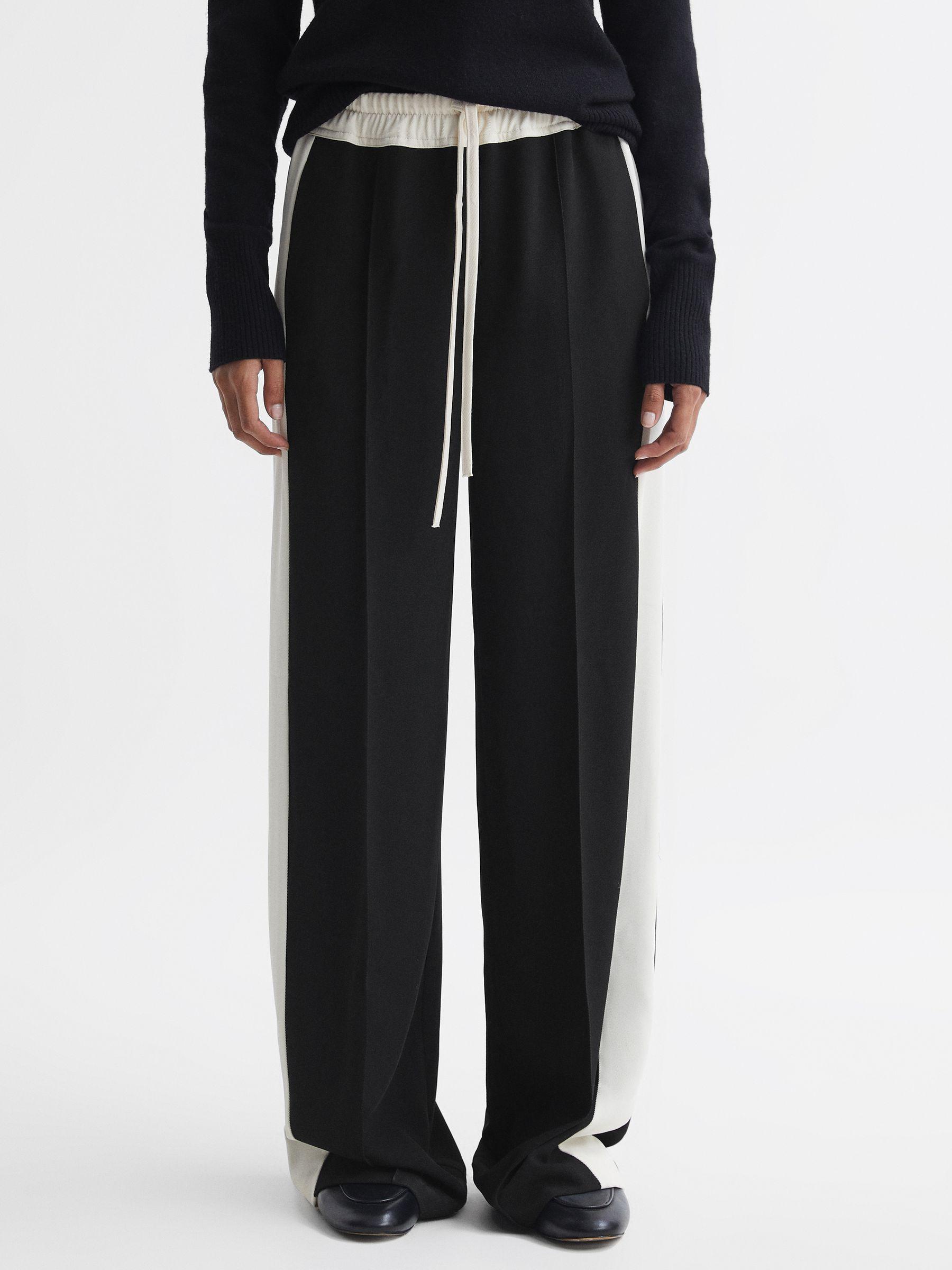 Petite Wide Leg Contrast Stripe Drawstring Trousers in Black Product Image