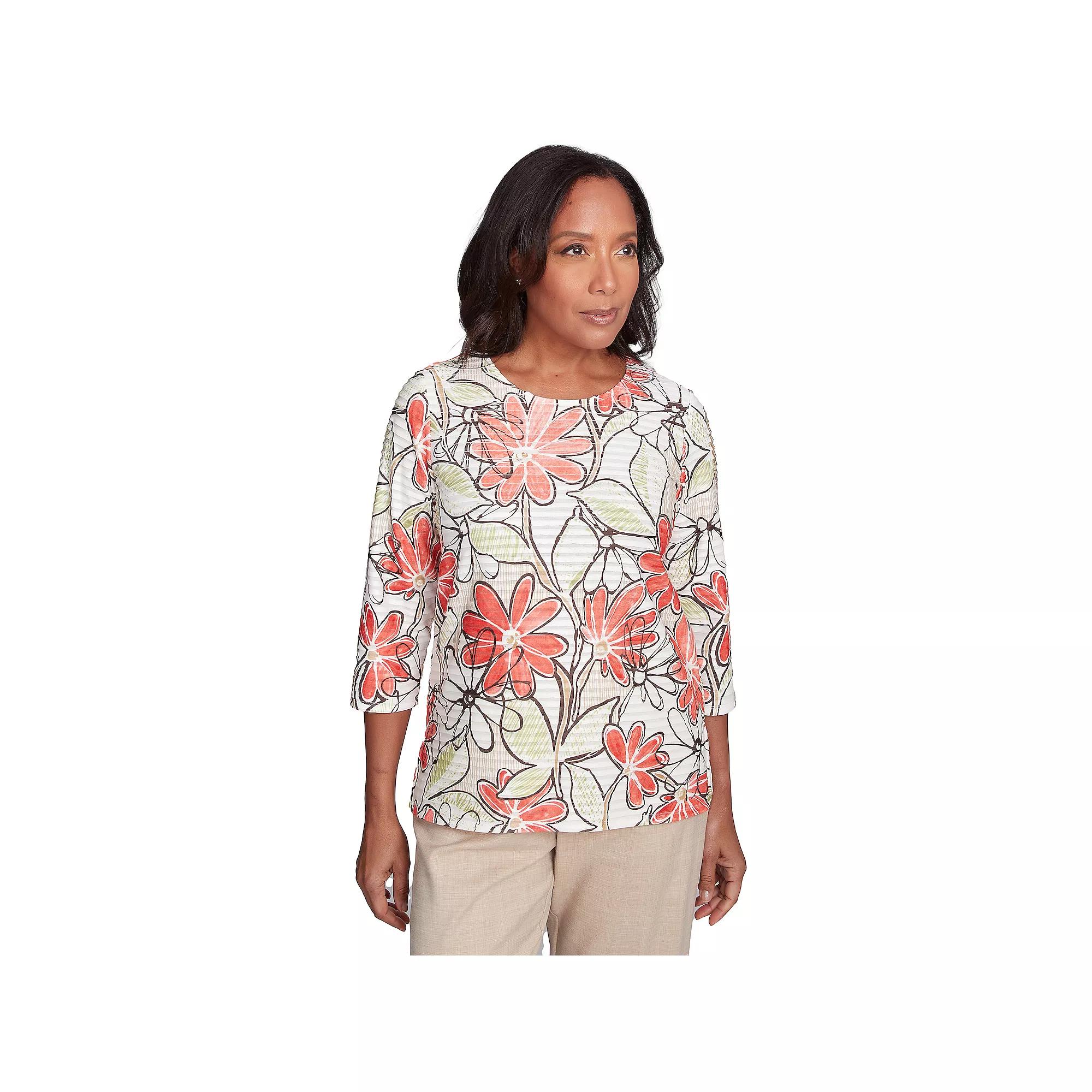 Petite Alfred Dunner Bold Island Floral Textured Top, Women's, Size: Medium Petite, Orange Team Product Image