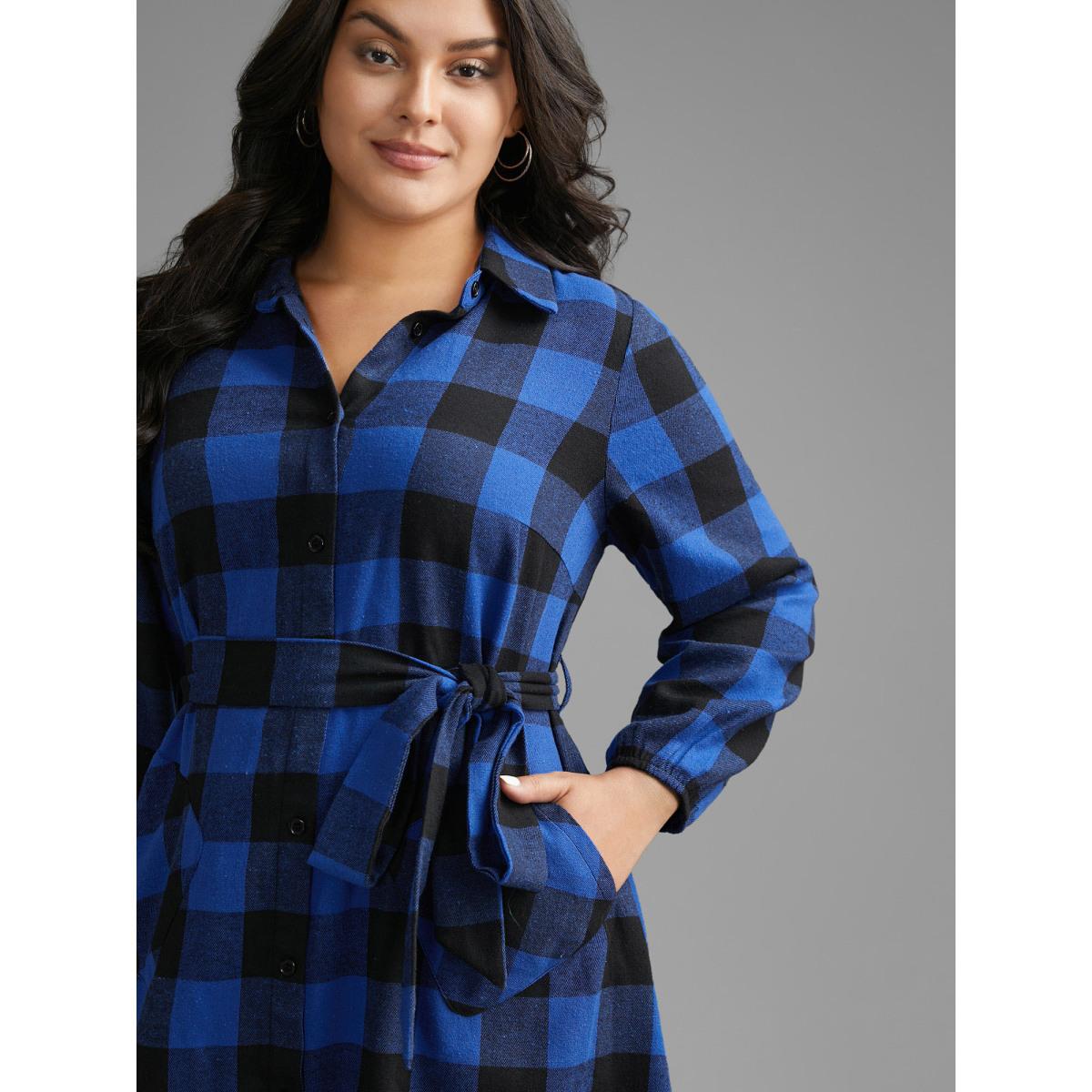 Plus Size Plaid Patch Pocket Belted Midi Dress DarkBlue Women Casual Belted Shirt collar Long Sleeve Curvy BloomChic 22-24/3X Product Image