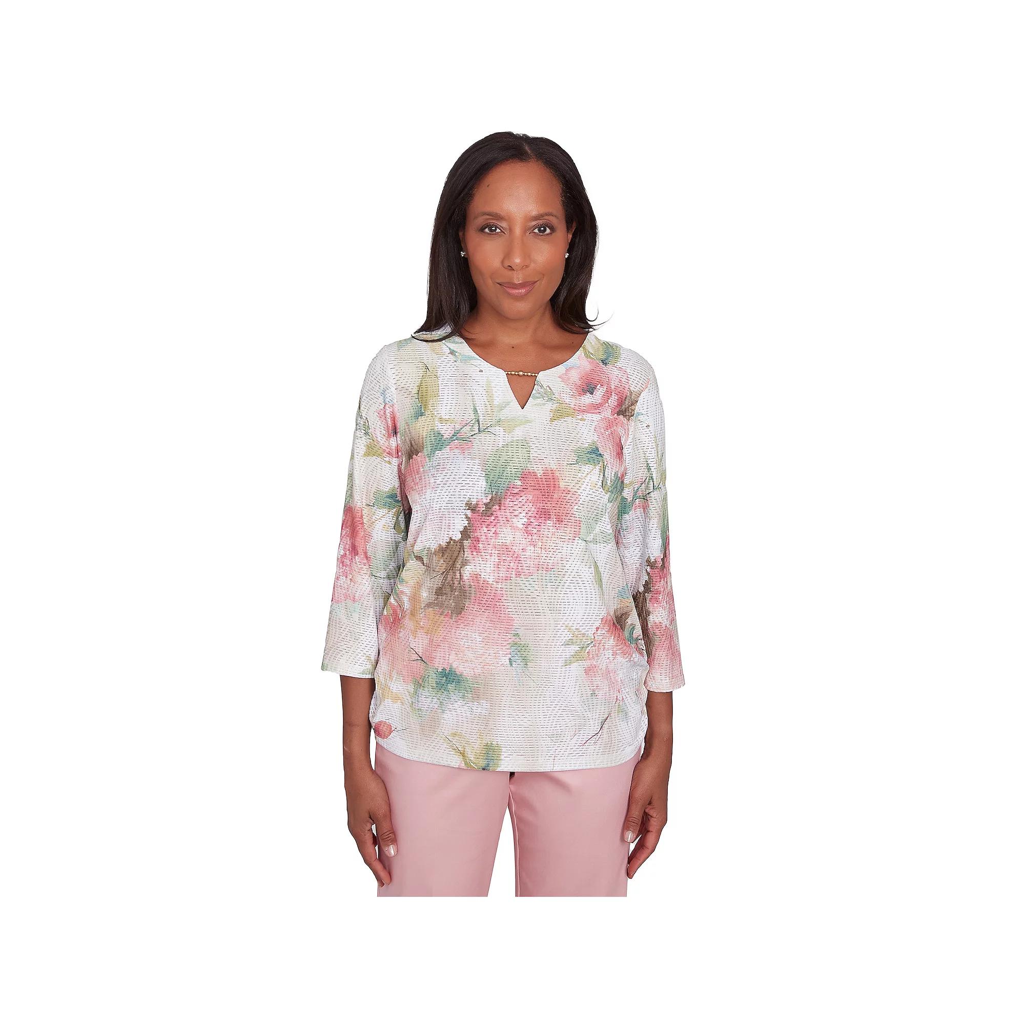 Women's Alfred Dunner Hydrangea Beaded Split Neck Top, Size: Small, Neutral Team Product Image