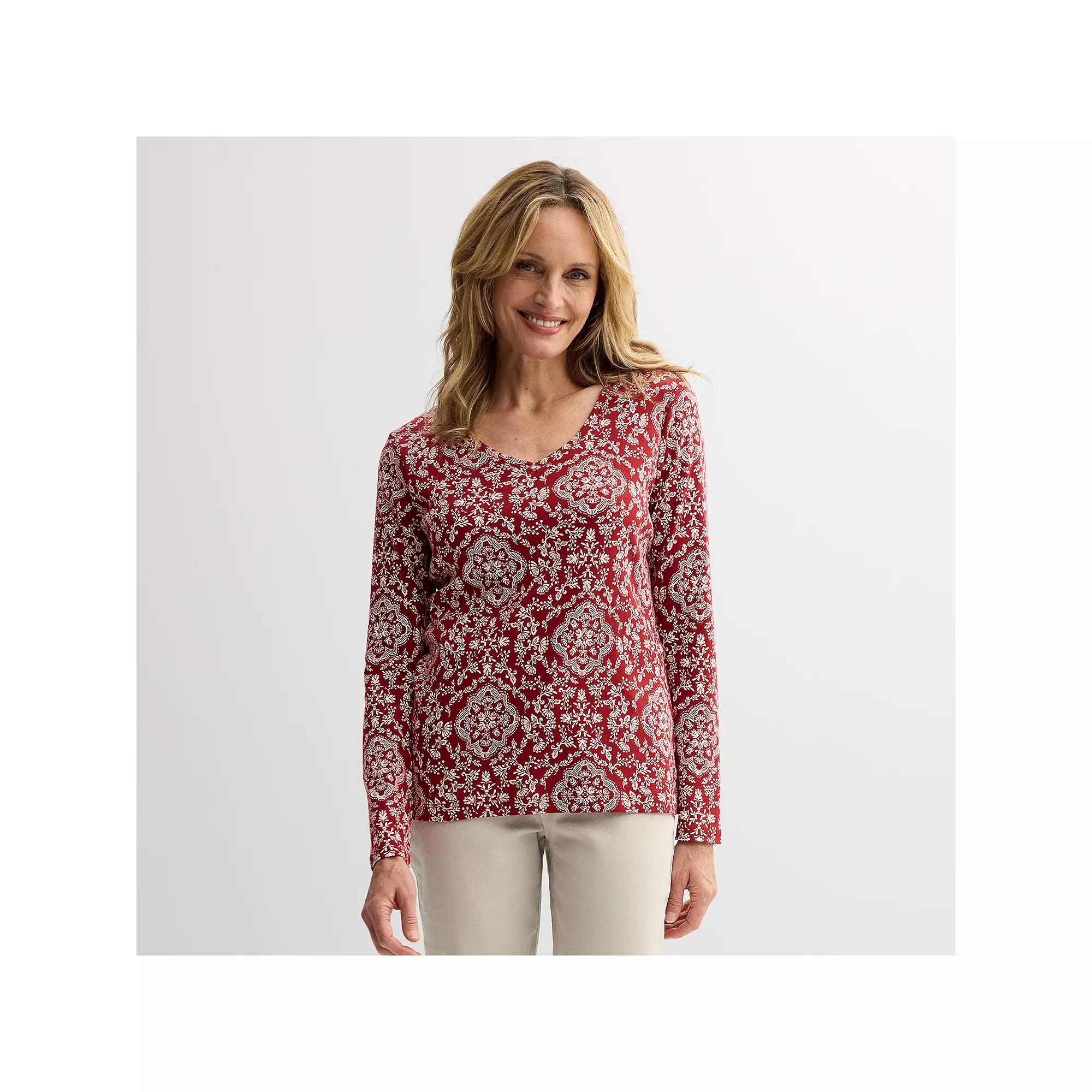 Women's Croft & Barrow® Essential Long Sleeve V-Neck Tee, Size: Medium, Red Medallion Product Image