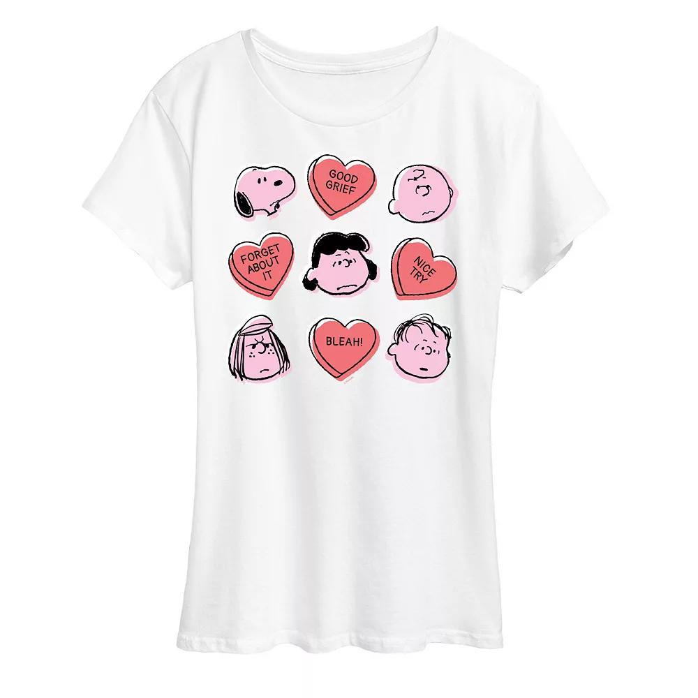 Women's Peanuts Valentine's Candy Heart Grid Graphic Tee,  Product Image