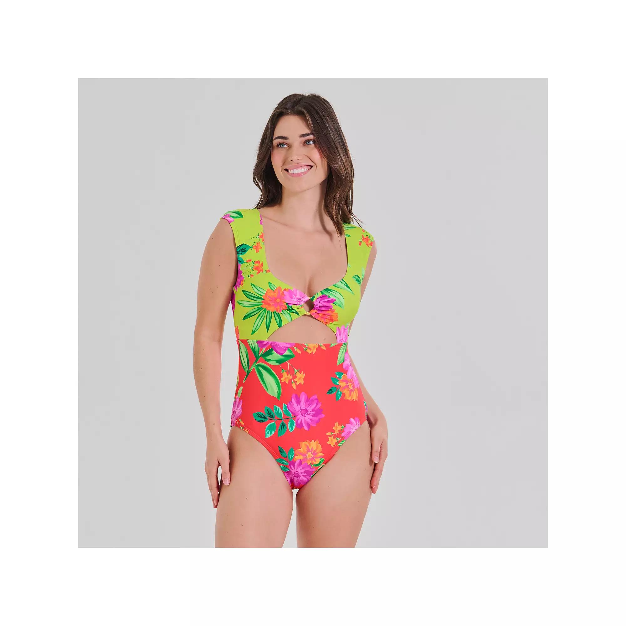 Women's Freshwater Floral Print Cap Sleeve Cutout One-Piece Swimsuit,  Product Image