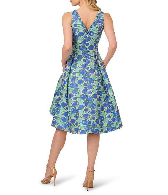 Adrianna Papell Ruffle V-Neck Abstract Floral Jacquard A-Line Hi Lo Dress Product Image