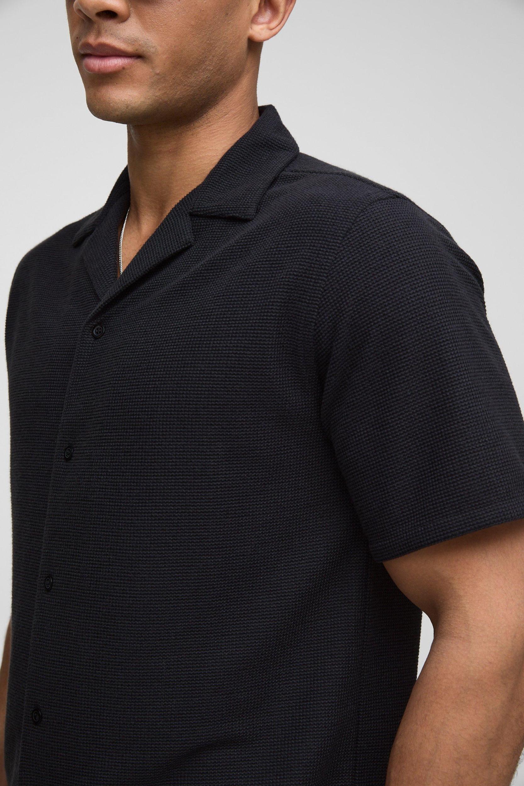 Regular Fit Honeycomb Waffle Revere Shirt | boohooMAN USA Product Image