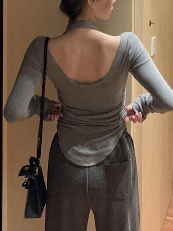 Solid Halter Backless Curvy Hem Long Sleeve Knit Product Image