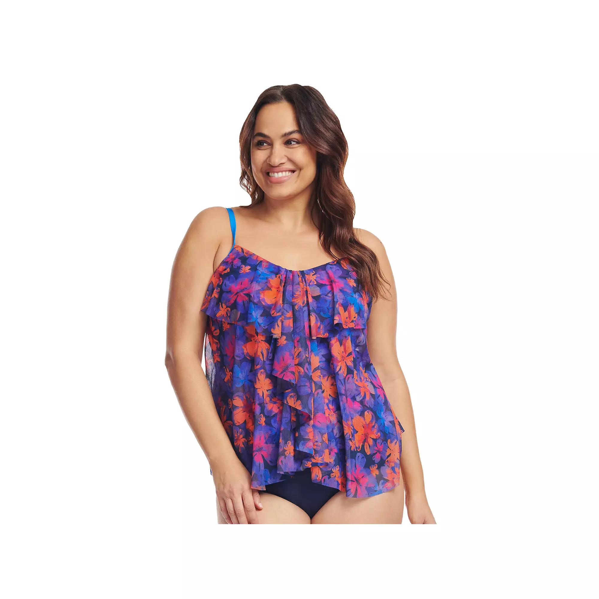 Plus Size Mazu Sea Breeze Paisley Draped Tier Mesh Tankini Swim Top, Womens Product Image