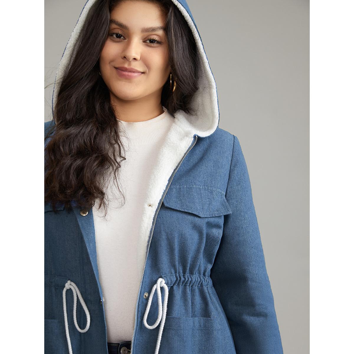 Plus Size Denim Patchwork Fuzzy Trim Drawstring Hooded Coat Women LightBlue Casual Contrast Ladies Dailywear Winter Coats BloomChic 14-16/1X Product Image