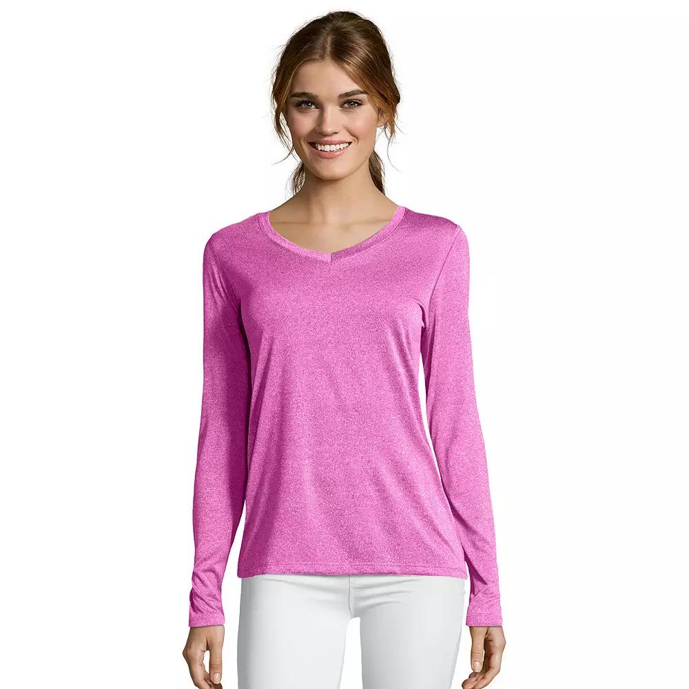 Women's Hanes® Cool Dri Long-Sleeve Performance V-Neck Tee, Size: XXL, Fresh Berry Grey Product Image