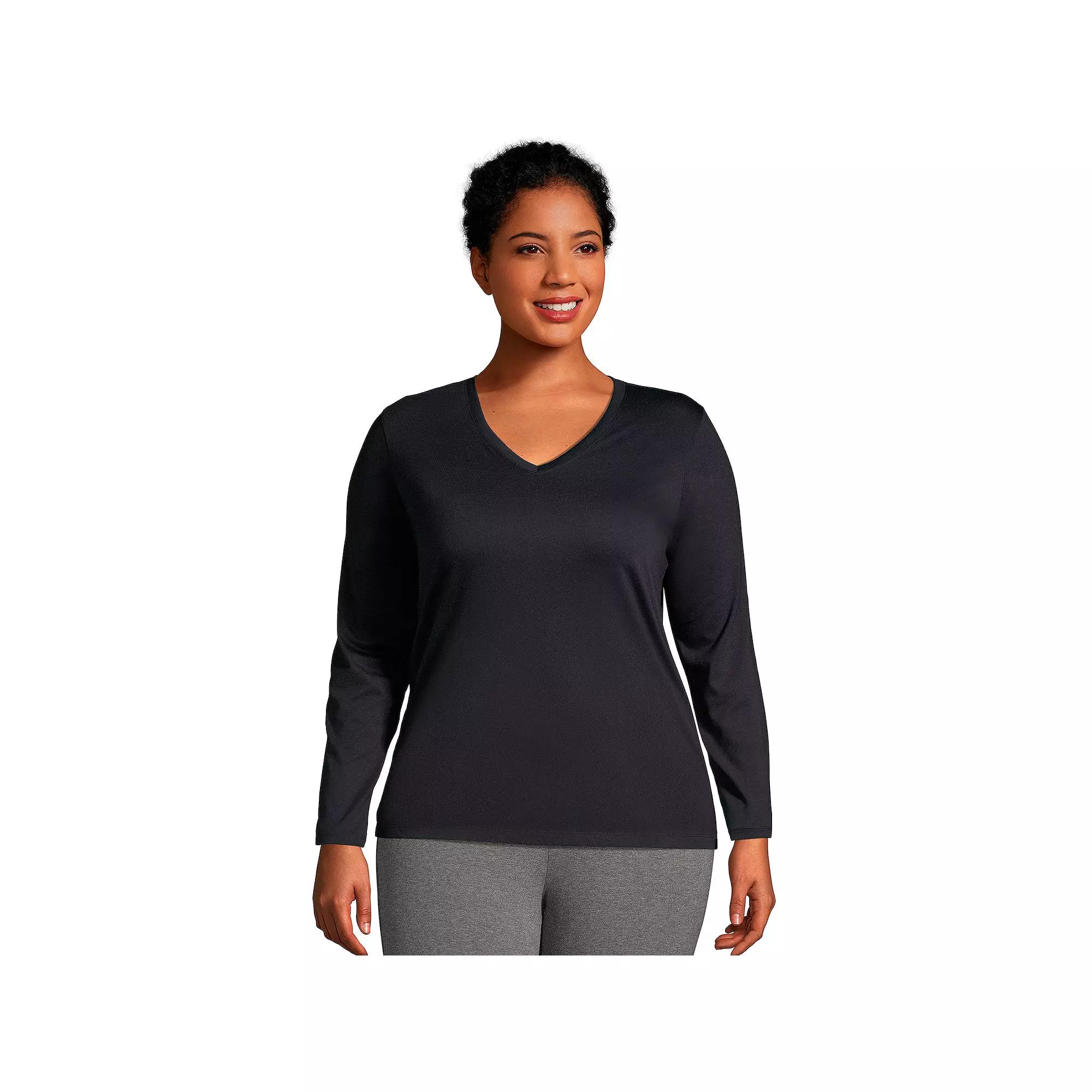 Plus Size Lands' End Long Sleeve Relaxed-Fit Supima Cotton V-Neck Tee, Women's, Size: 3XL, Black Product Image