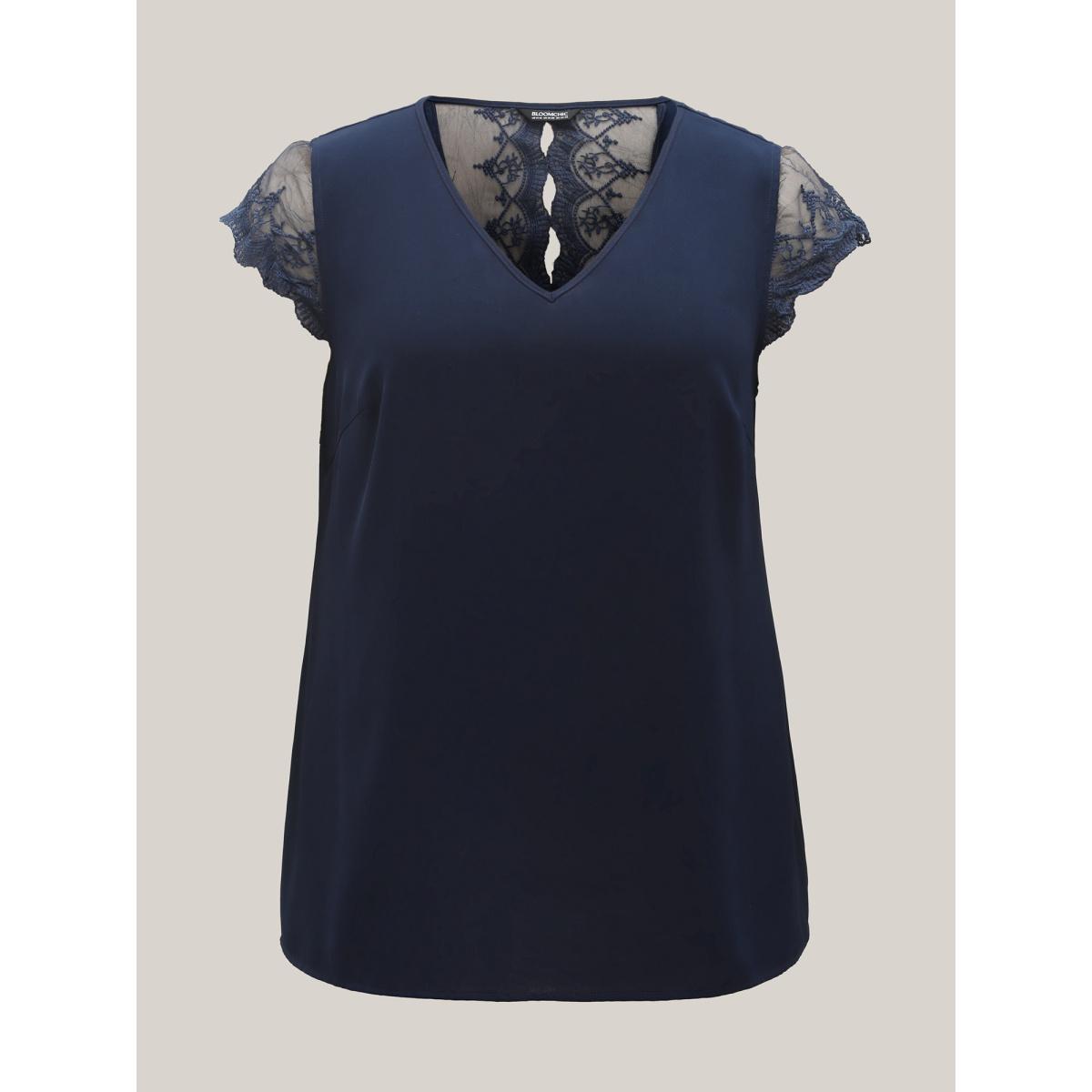 Plus Size Indigo Back Lace Sheer Sleeve Solid Shirt Women Elegant Cap Sleeve V-neck Everyday Blouses BloomChic 18-20/2X Product Image