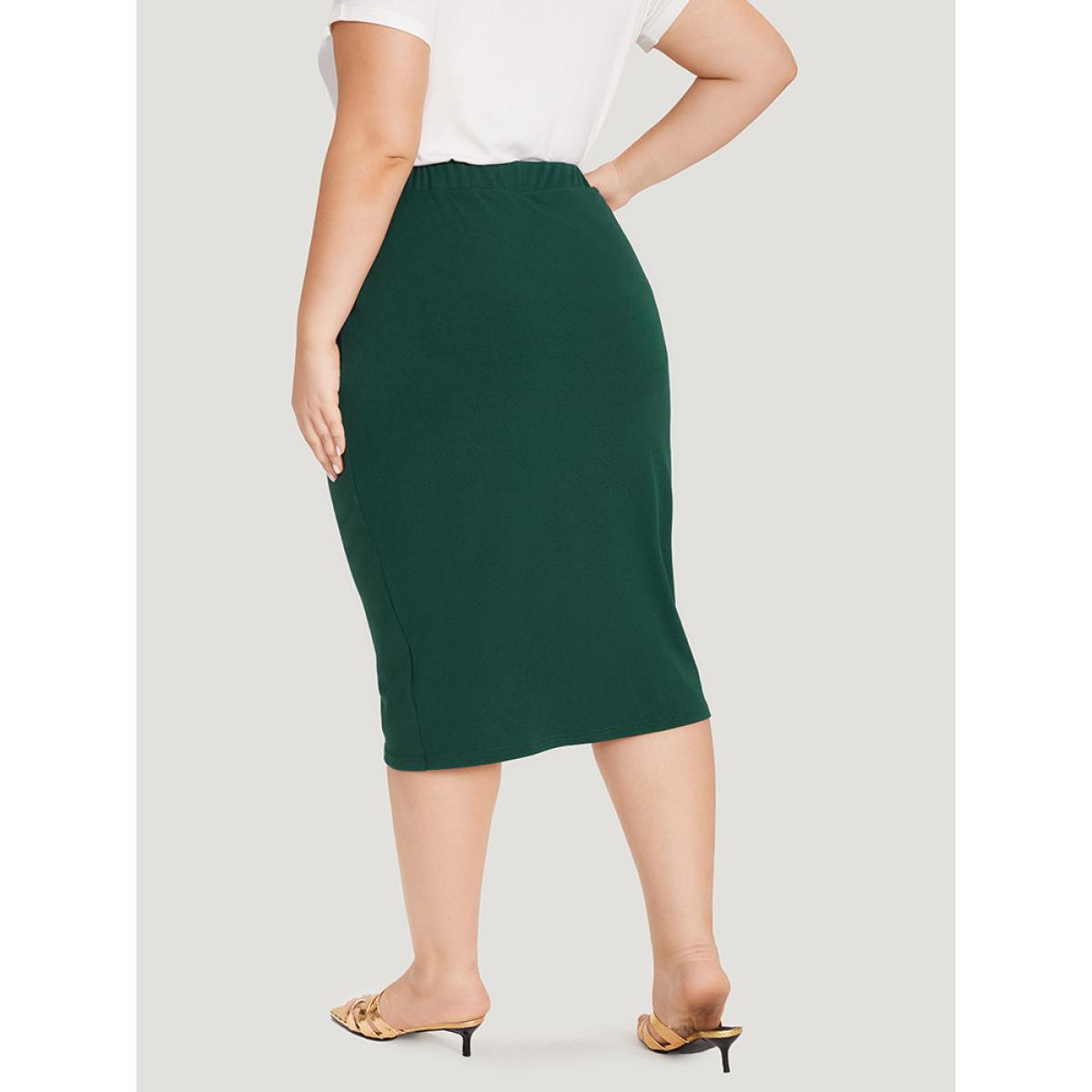 Plus Size Solid Pleated Detail Wrap Hem Skirt Women DarkGreen Office Plain Bodycon No stretch Work Skirts BloomChic 22-24/3X Product Image