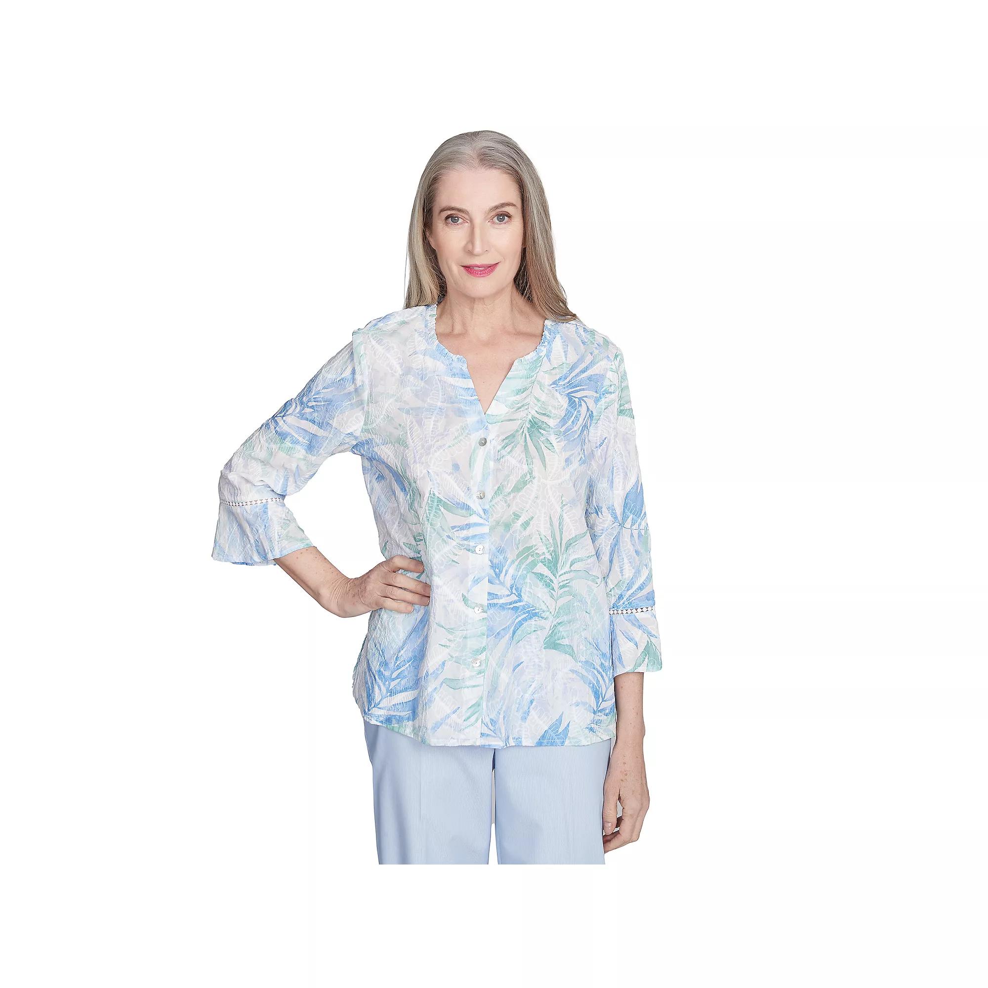 Women's Alfred Dunner Tropical Embroidered Button-Front Top, Size: Medium, Blue Team Product Image