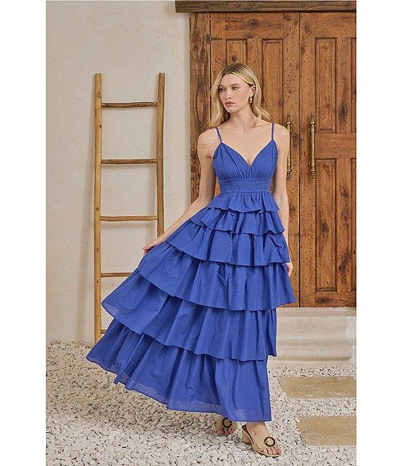 Sugarlips Mavey Cotton Poplin Smocked V-Neck Tiered Ruffle Maxi Dress Product Image