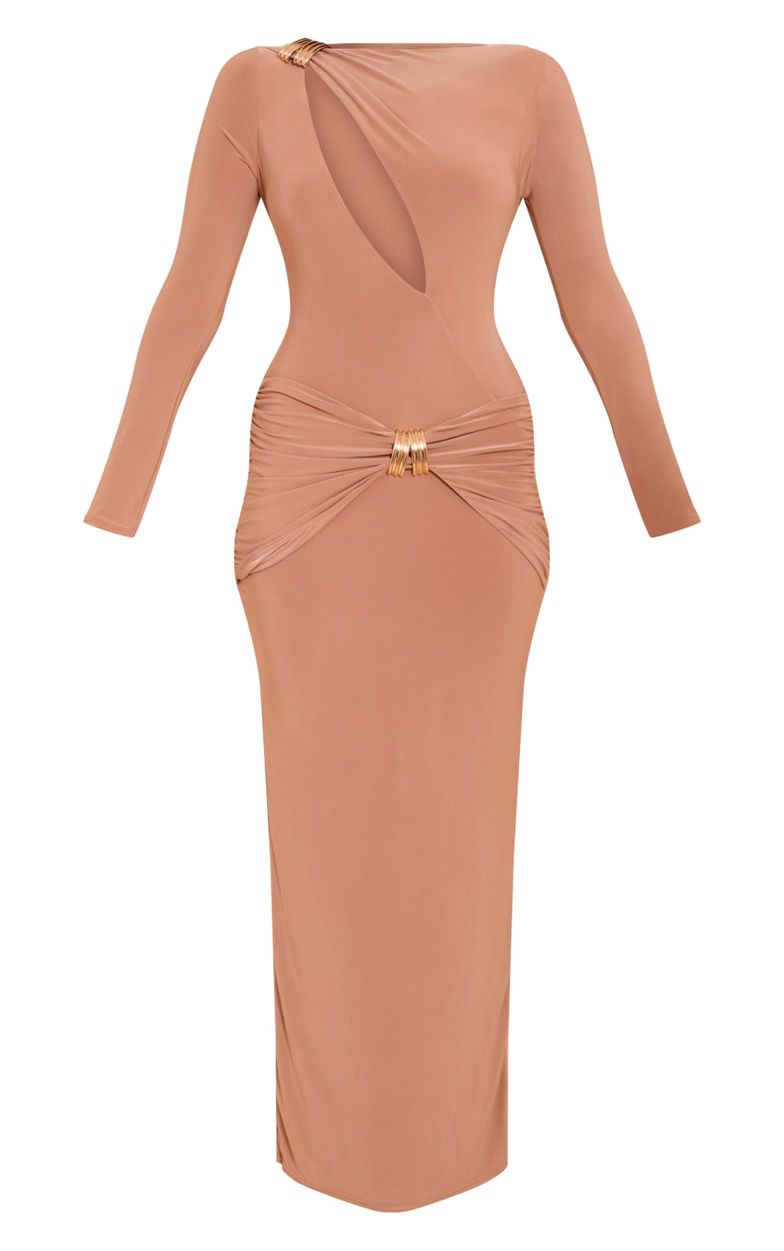 Beige Double Layer Slinky Cut Out Trim Detail Maxi Dress Product Image