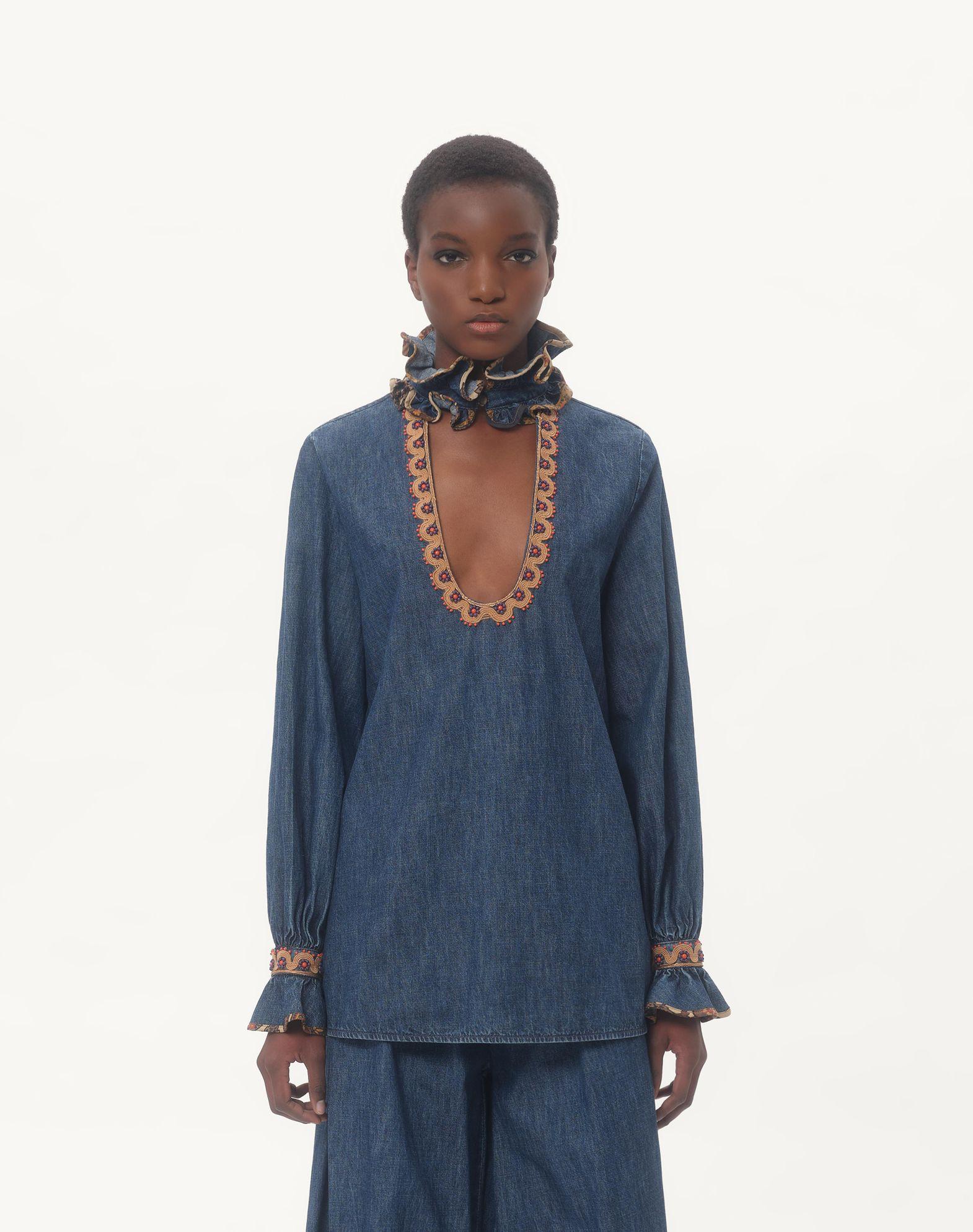 Embroidered Chambray Denim Top  Product Image