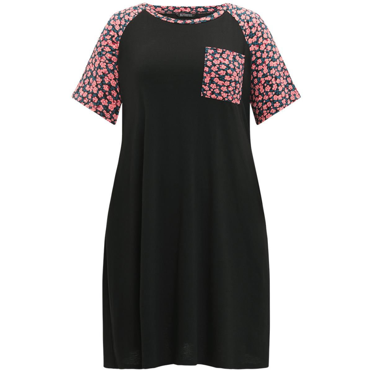Plus Size Supersoft Essentials Ditsy Floral Raglan Sleeve Patched Pocket Dress Black Women Casual Plain Round Neck Short sleeve Curvy Midi Dress BloomChic 14-16/1X Product Image