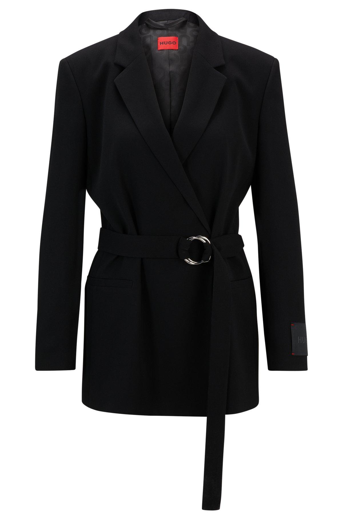 HUGO - Relaxed-fit long-length jacket with wrap front - Black Product Image