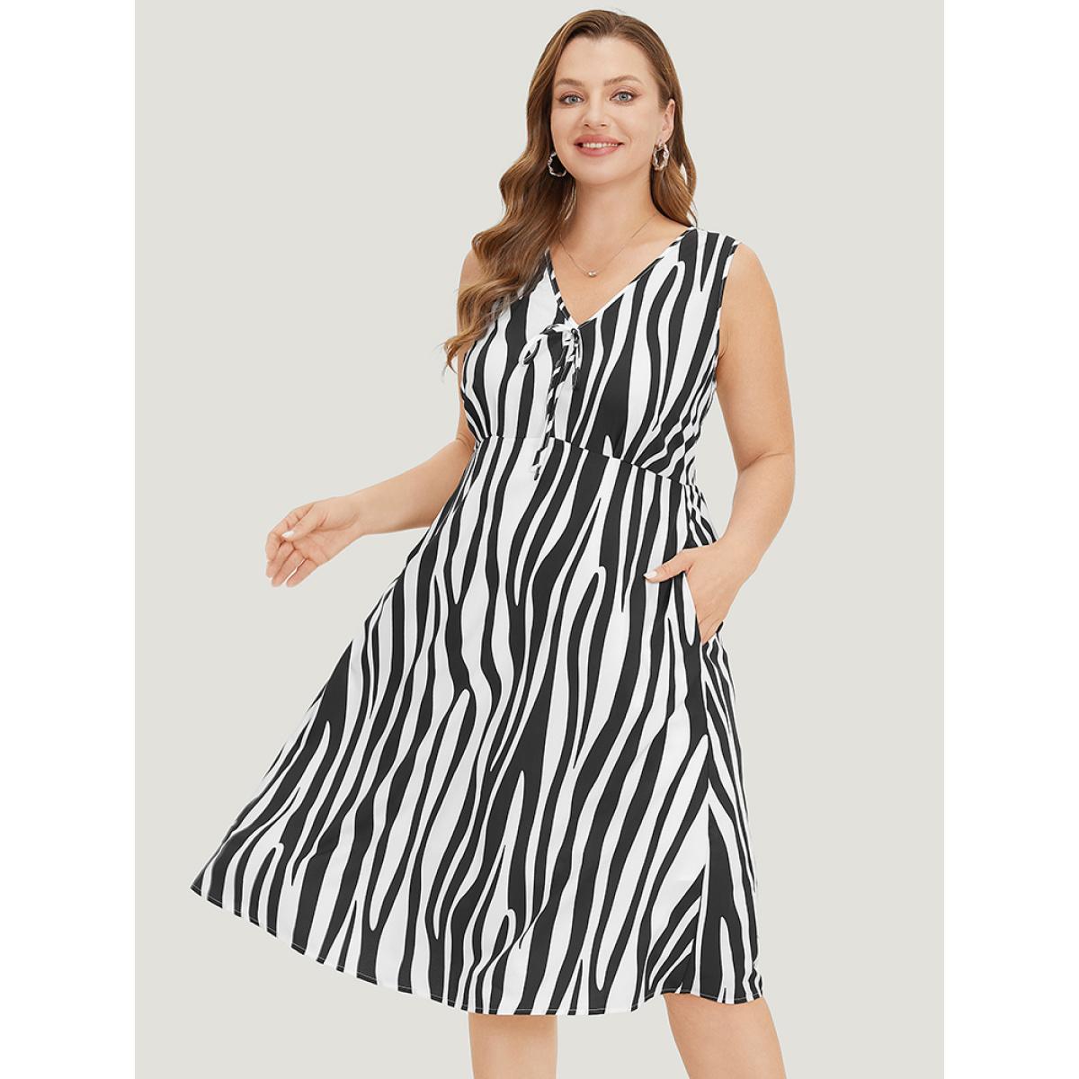 Plus Size Zebra Print Ruffle Sleeveless Pocket Knot Neck Dress Black Women Elegant V-neck Sleeveless Curvy Knee Dress BloomChic 12/L Product Image