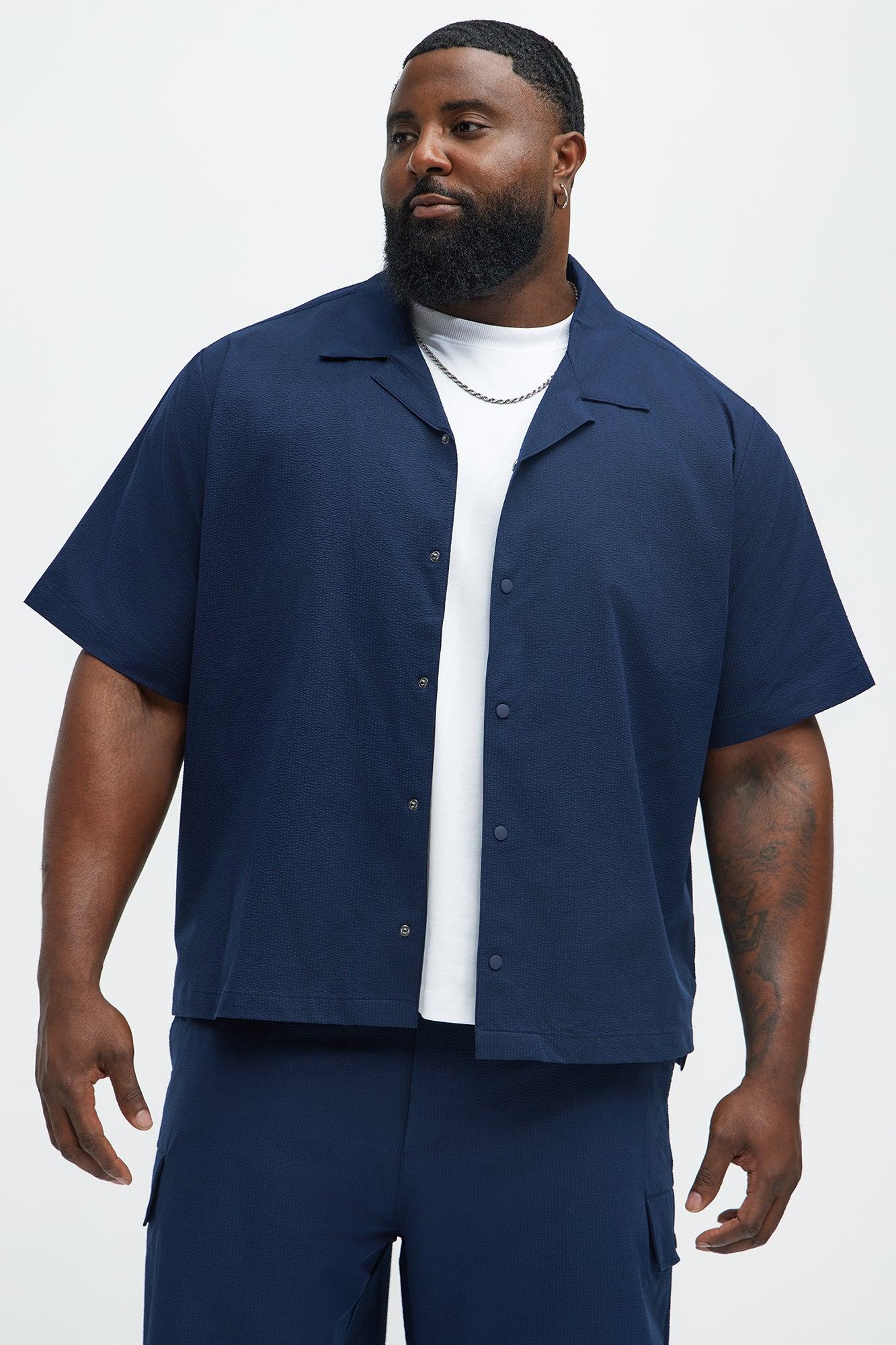 Seersucker Short Sleeve Cuban Collar Shirt - Navy Product Image