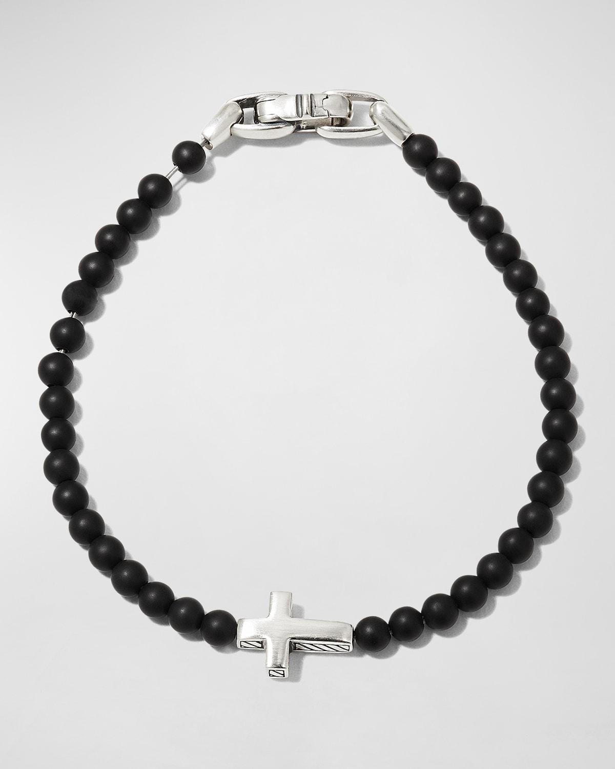 Mens Spiritual Beads Cross Station Bracelet in Sterling Silver Product Image