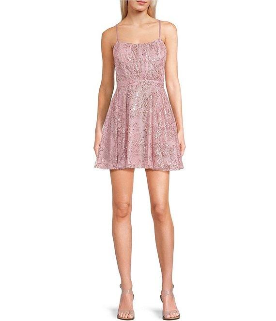 Blondie Nites Glitter Scoop Neck Lace-Up Tie Back Fit-And-Flare Dress Product Image