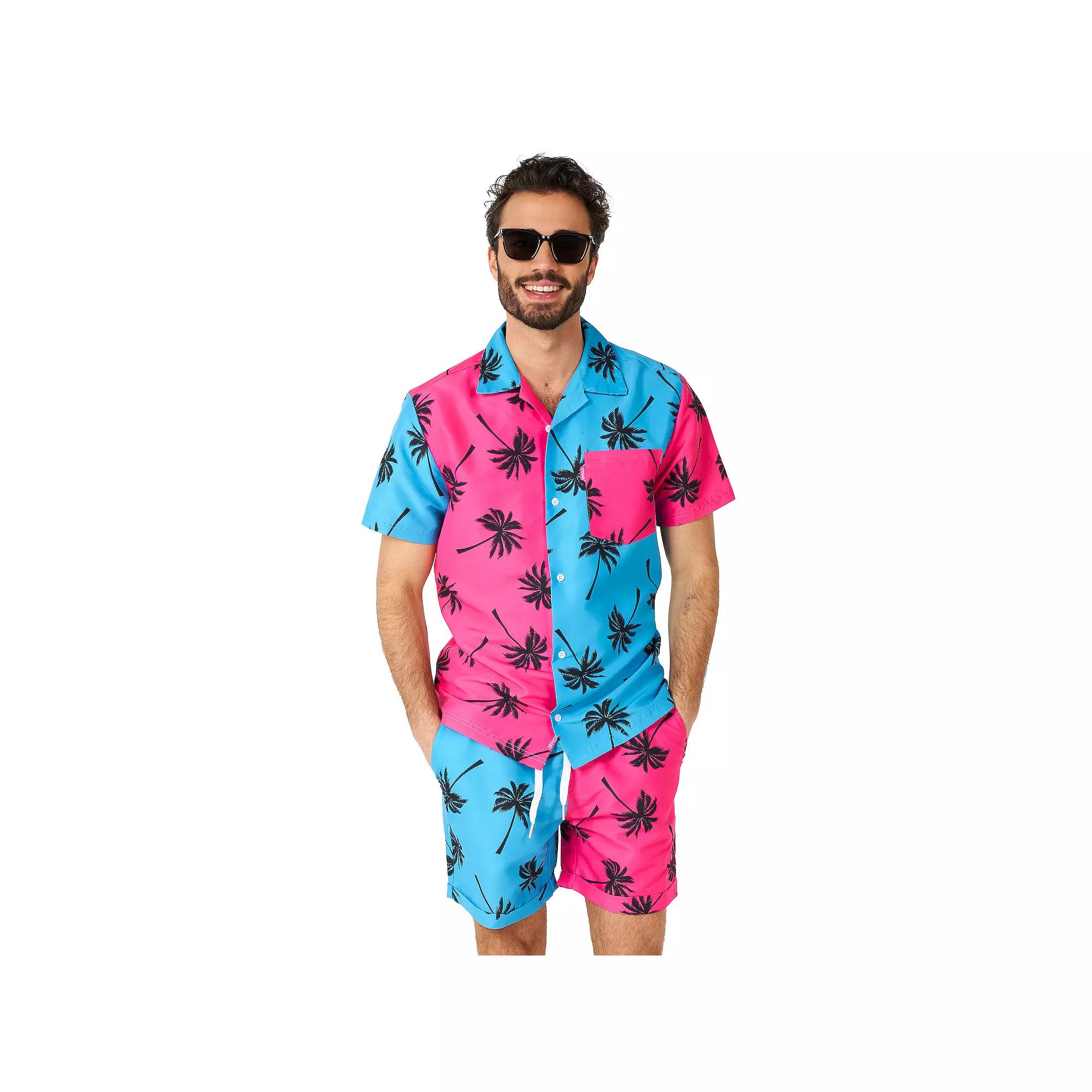 Men's OppoSuits Neon Parallel Palm Print Short Sleeve Button Down Shirt & Shorts Set, Boy's, Size: XXL, Pink Blue Product Image