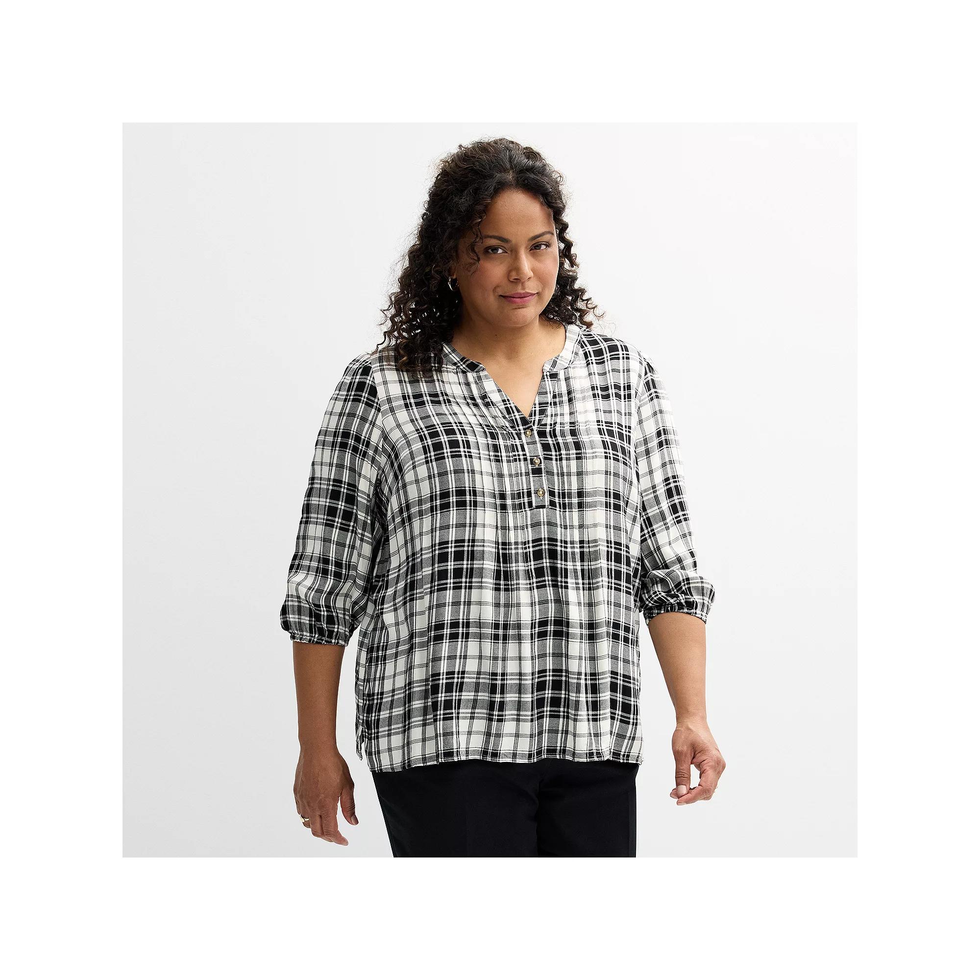 Plus Size Croft & Barrow® Plaid Pintuck Top, Women's, Size: 1XL, Festive Pink Plaid Product Image
