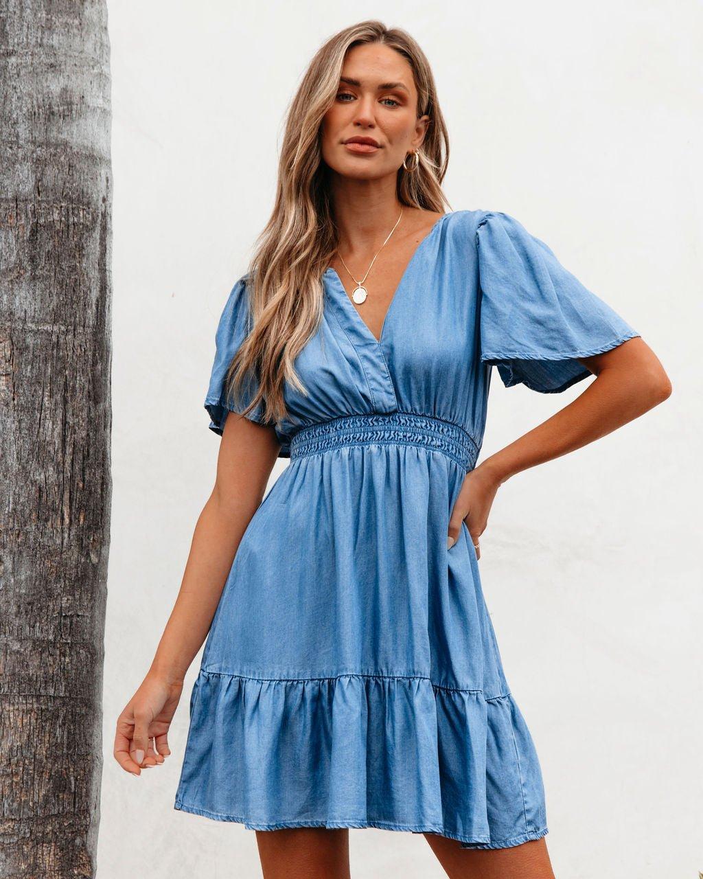 Chambray Split Neck Smocked Mini Dress - DOORBUSTER Product Image