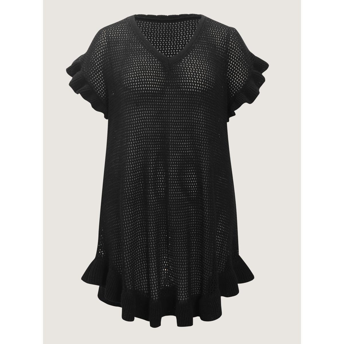 Plus Size Cut-Out Ruffled Sleeve Swim Cover-Up Women's Swimwear Black Resort Loose Texture Curve Swim Cover Ups BloomChic 22-24/3X Product Image