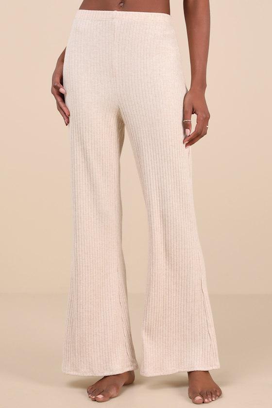 Raney Heather Beige Ribbed Knit Flare Lounge Pants Product Image