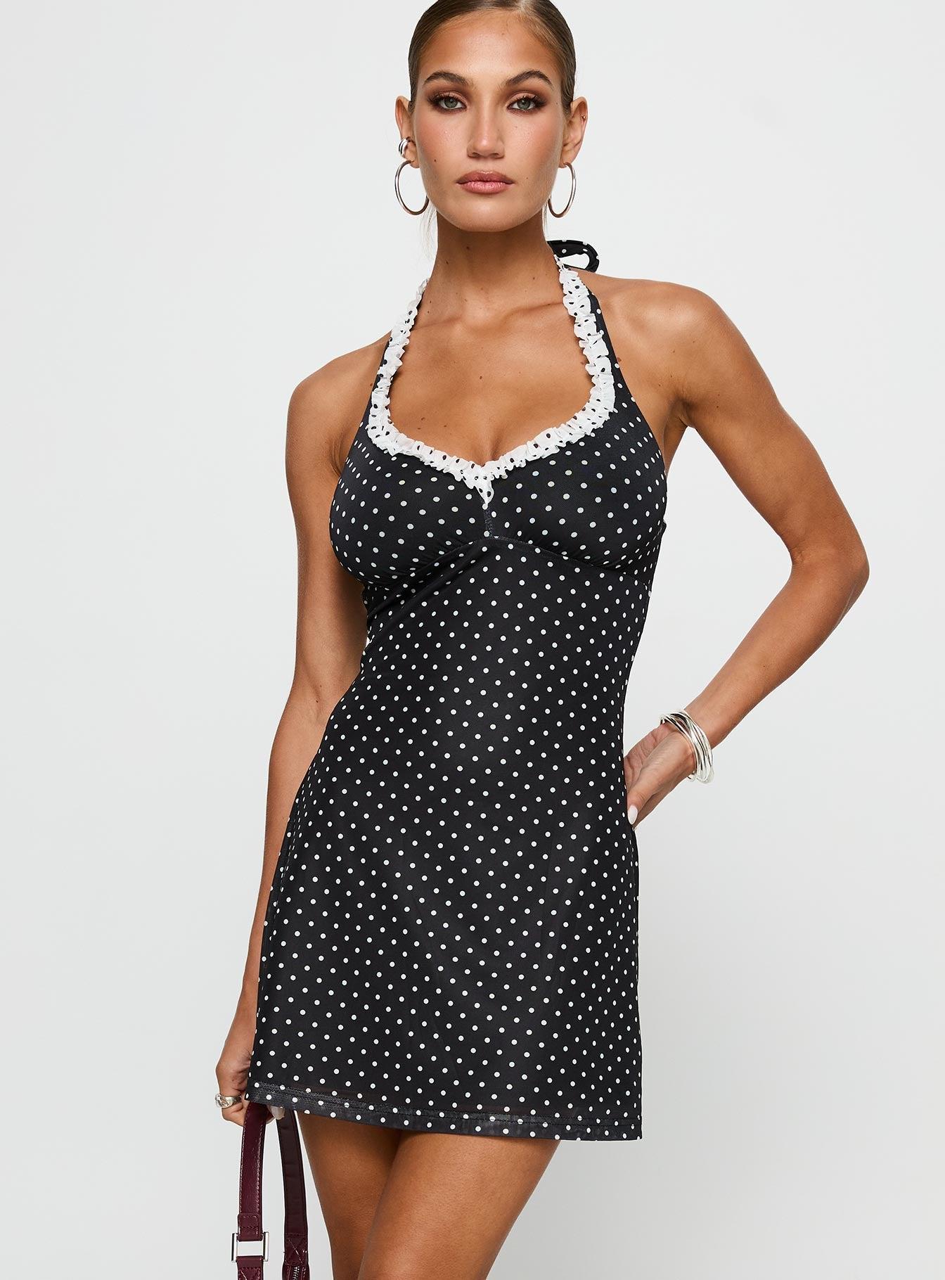 Black Beauty Halter Mini Dress Black / Polka Product Image