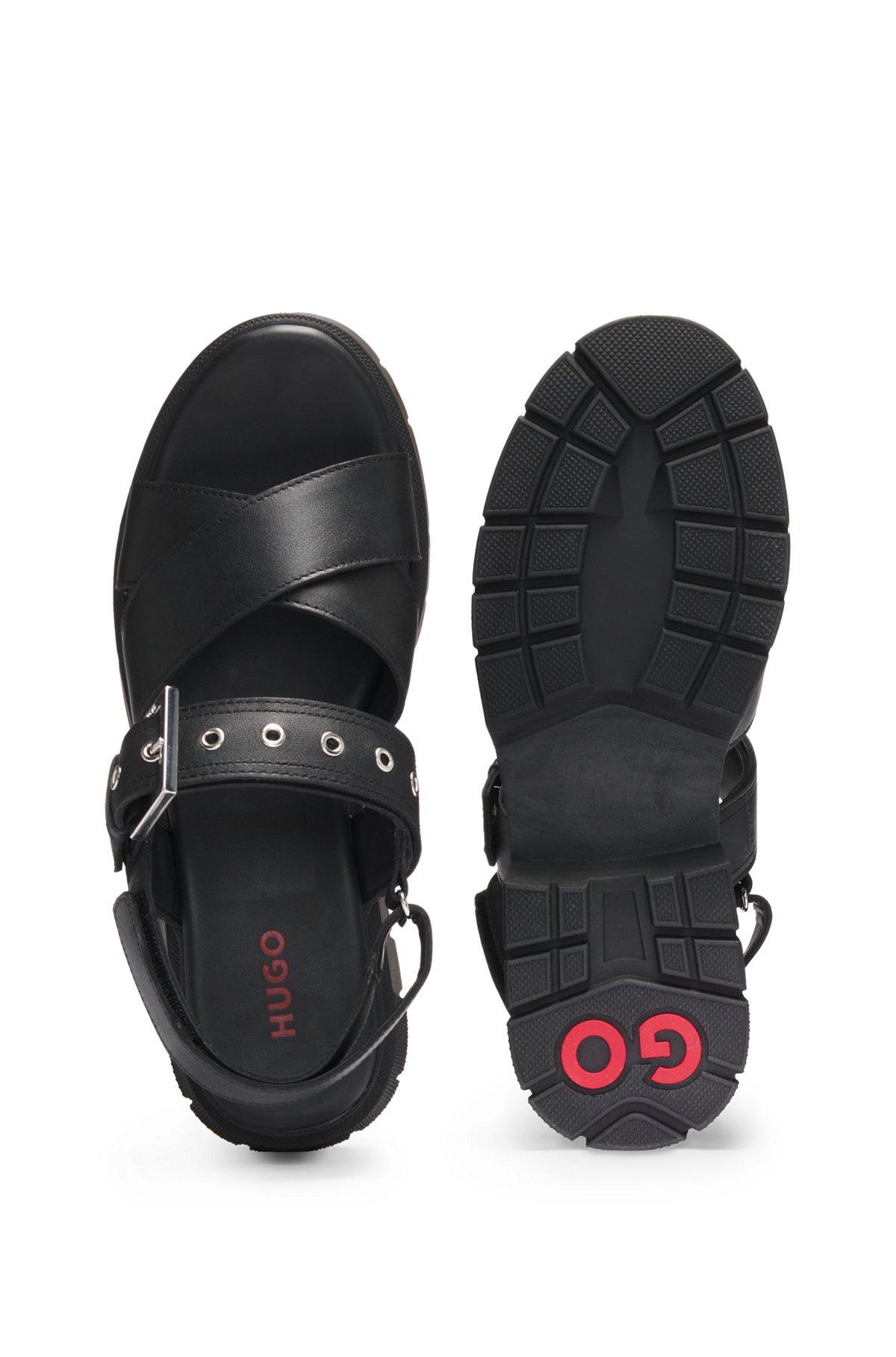 HUGO - Leather sandals with buckled strap and chunky sole - Black Product Image