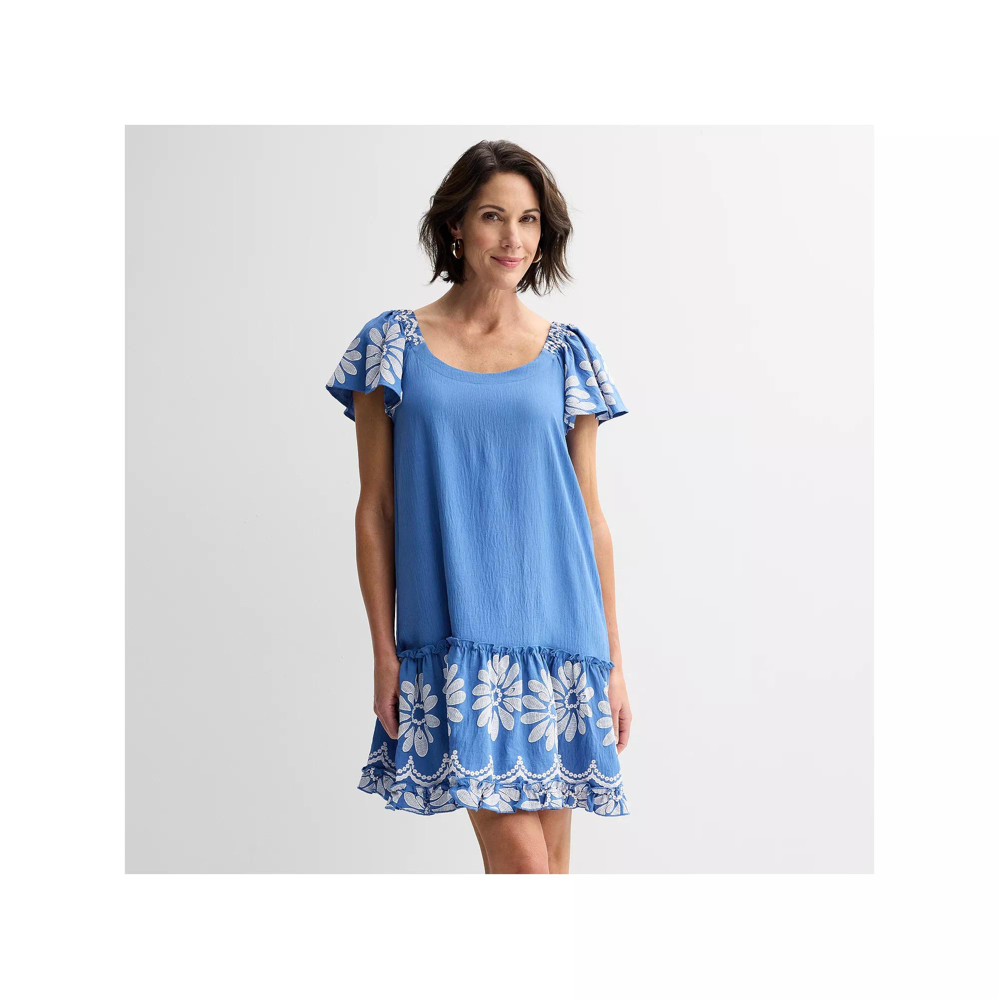 Women's Robbie Bee Flutter Sleeve Shoulder Dress, Size: Small, Blue White Product Image