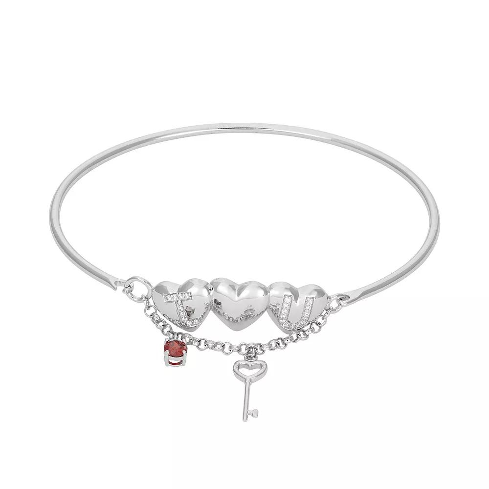 Cubic Zirconia Sterling Silver Heart & Key Charm Bangle Bracelet, Women's, Size: 7.5", Red Product Image