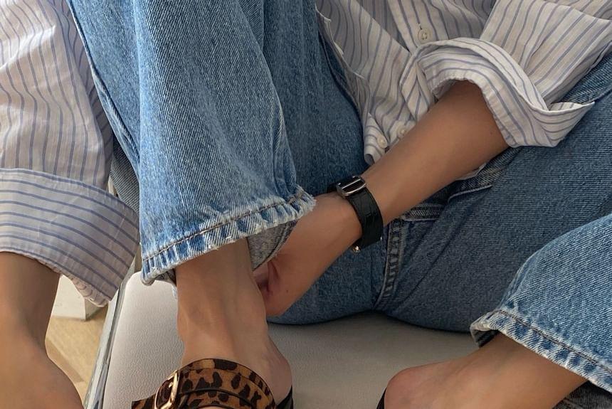 Plain / Leopard Buckle Strap Slide Sandals Product Image