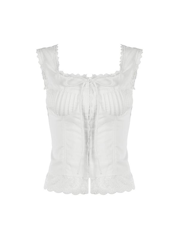 Square Neck Lace Stitching Bowknot Slim Tank Top Product Image