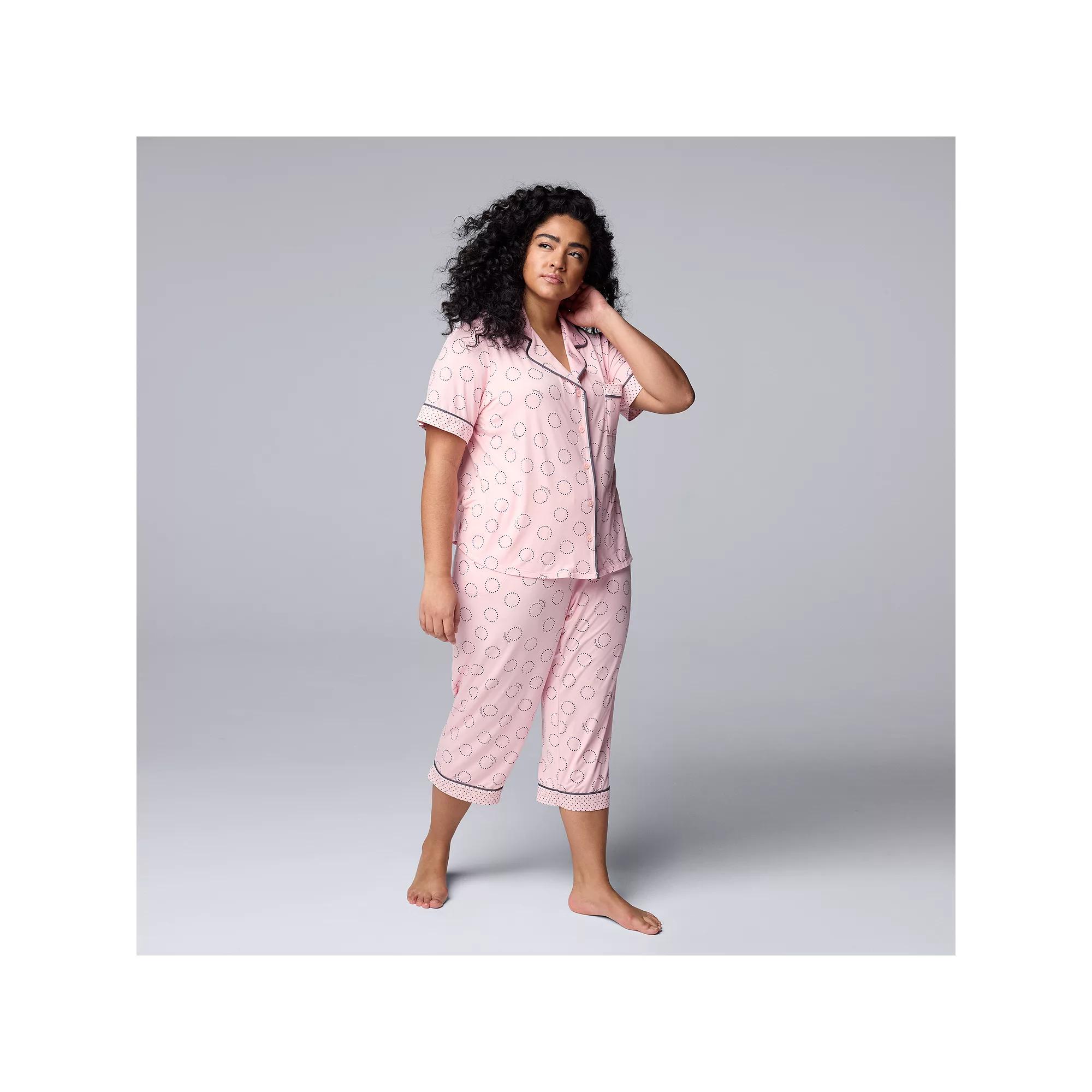 Plus Size Simply Vera Vera Wang Cozy Short Sleeve Notch Collar Pajama Top & Capri Pajama Pants Set, Women's, Size: 2XL, Blush Circles Product Image