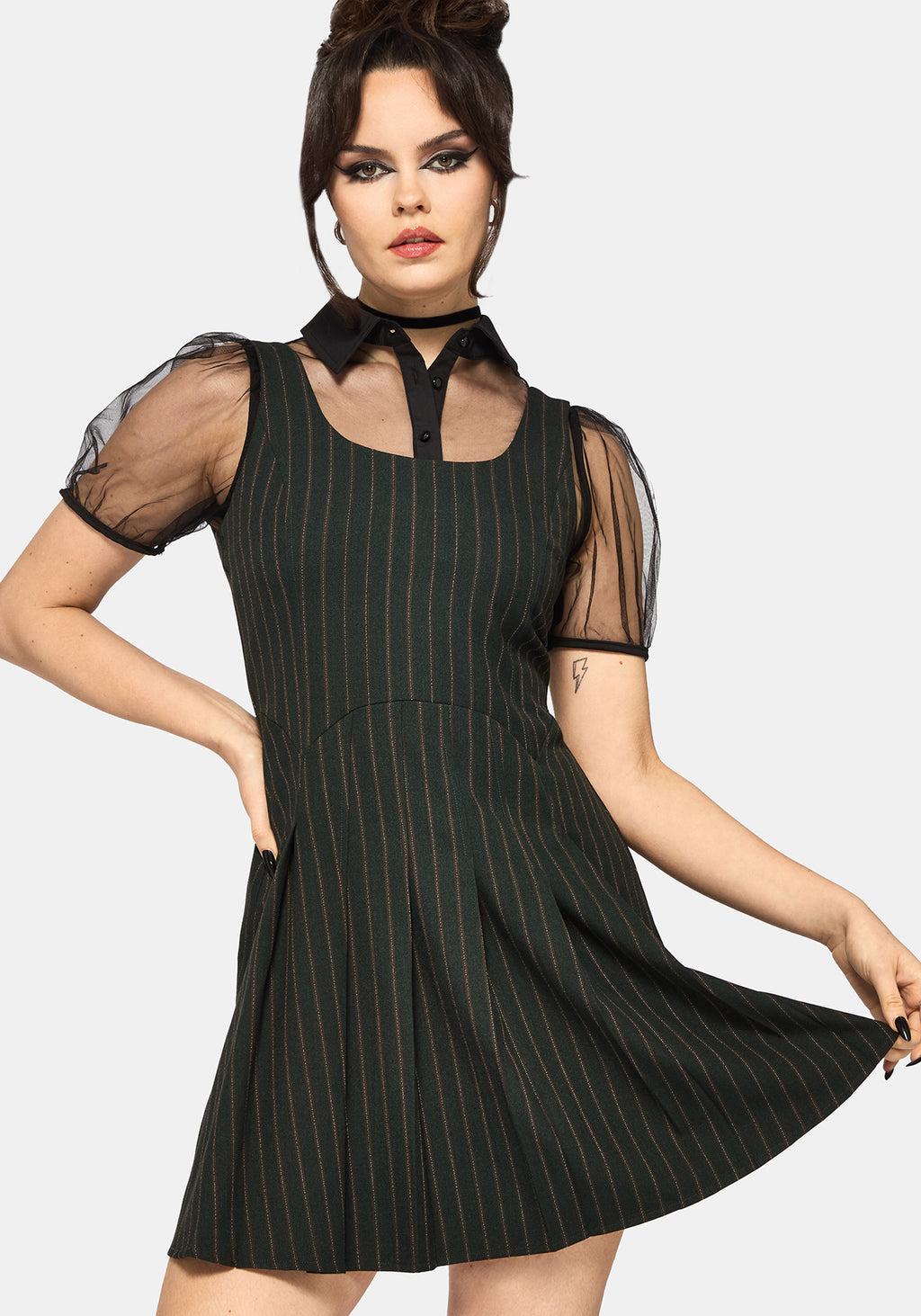 Kera Green Pinstripe Pleated Mini Dress Product Image