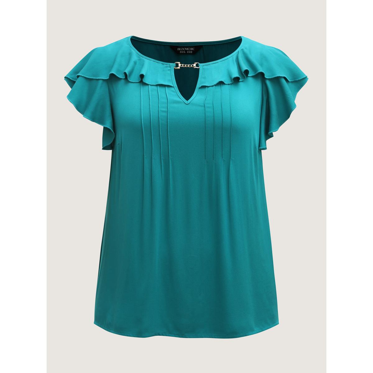 Plus Size Teal Ruffled Neck Metal Cut-Out Blouse Women Cap Sleeve Notched collar Everyday-Elegant Blouses BloomChic 10/M Product Image