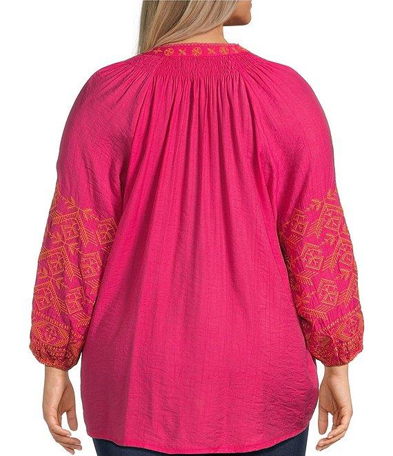 Calessa Plus Size Embroidered Motif Split V-Neckline Long Sleeve Tunic Product Image