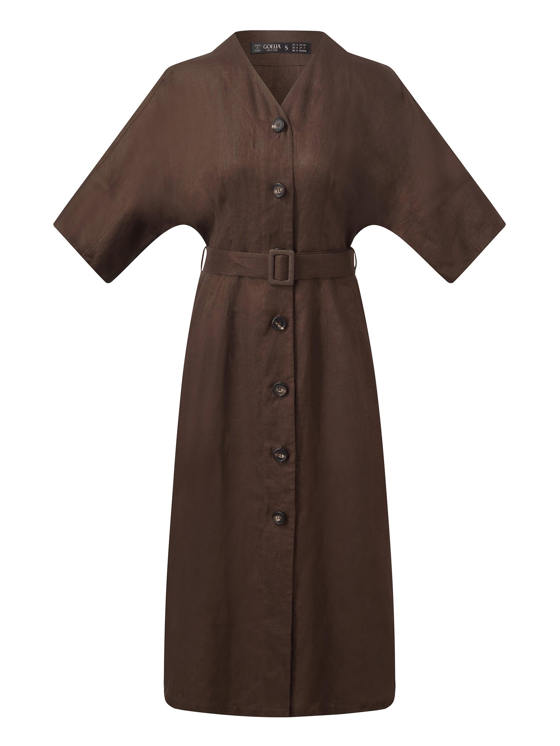 100% Linen Women V-Neck Midi Dress With Belt Product Image