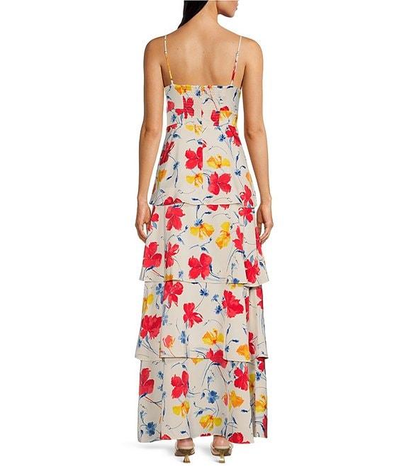 Anne Klein Satin Floral Print V-Neck Sleeveless Tiered A-Line Maxi Dress Product Image
