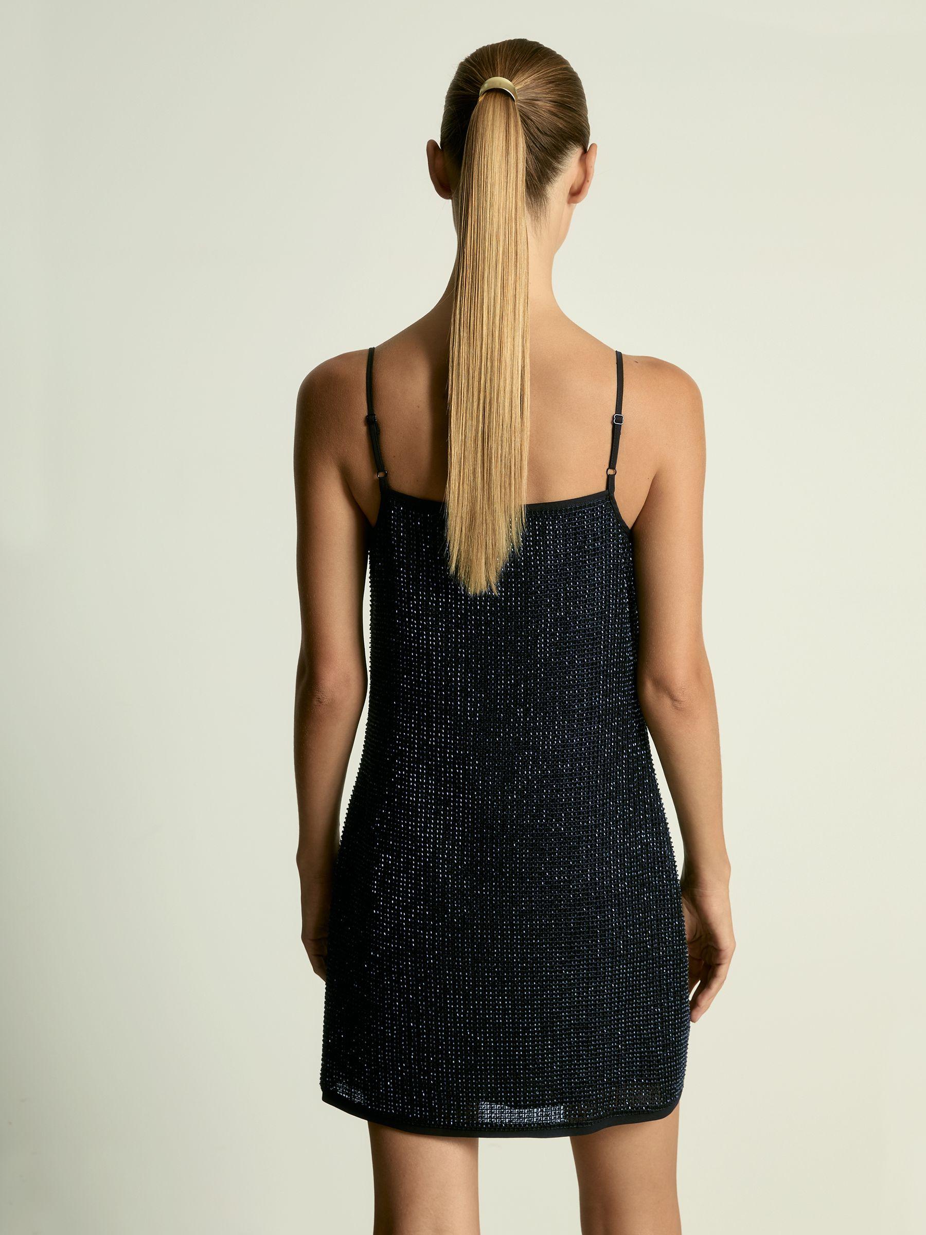 Cowl-Neck Beaded Mini Dress in Dark Blue Product Image