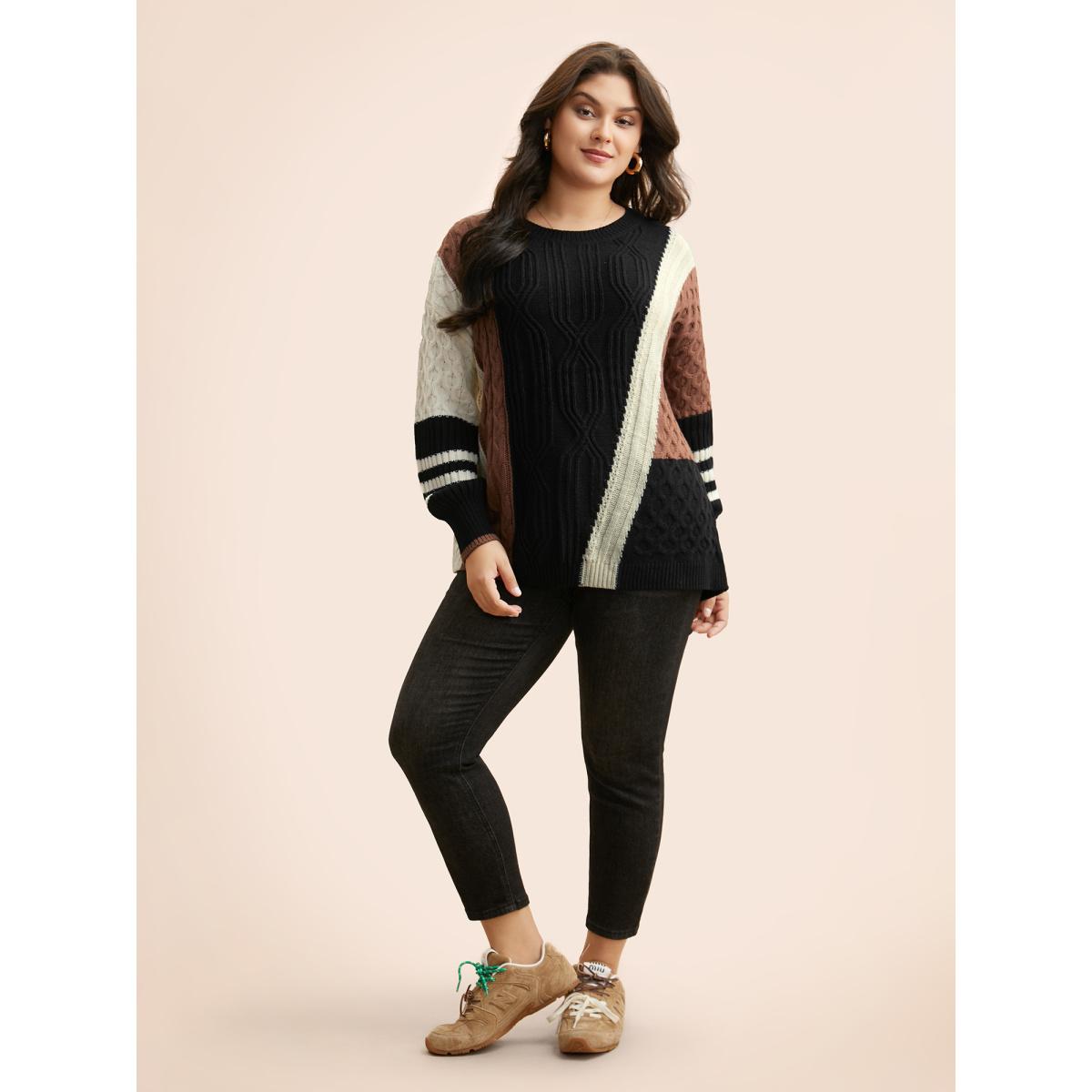 Plus Size Contrast Patchwork Cable Knit Pullover Black Women Casual Loose Long Sleeve Round Neck Everyday Pullovers BloomChic 28/5X Product Image