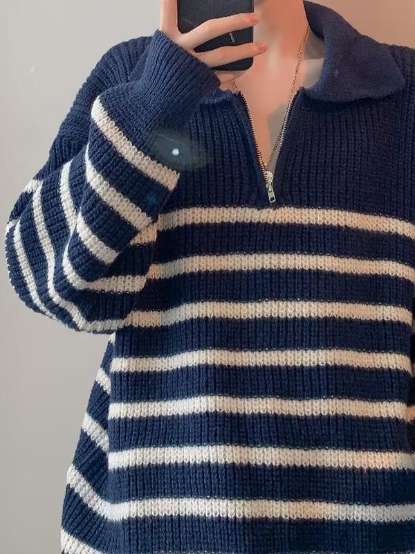 Men's Striped Lapel Neck Half Zip Sweater Product Image